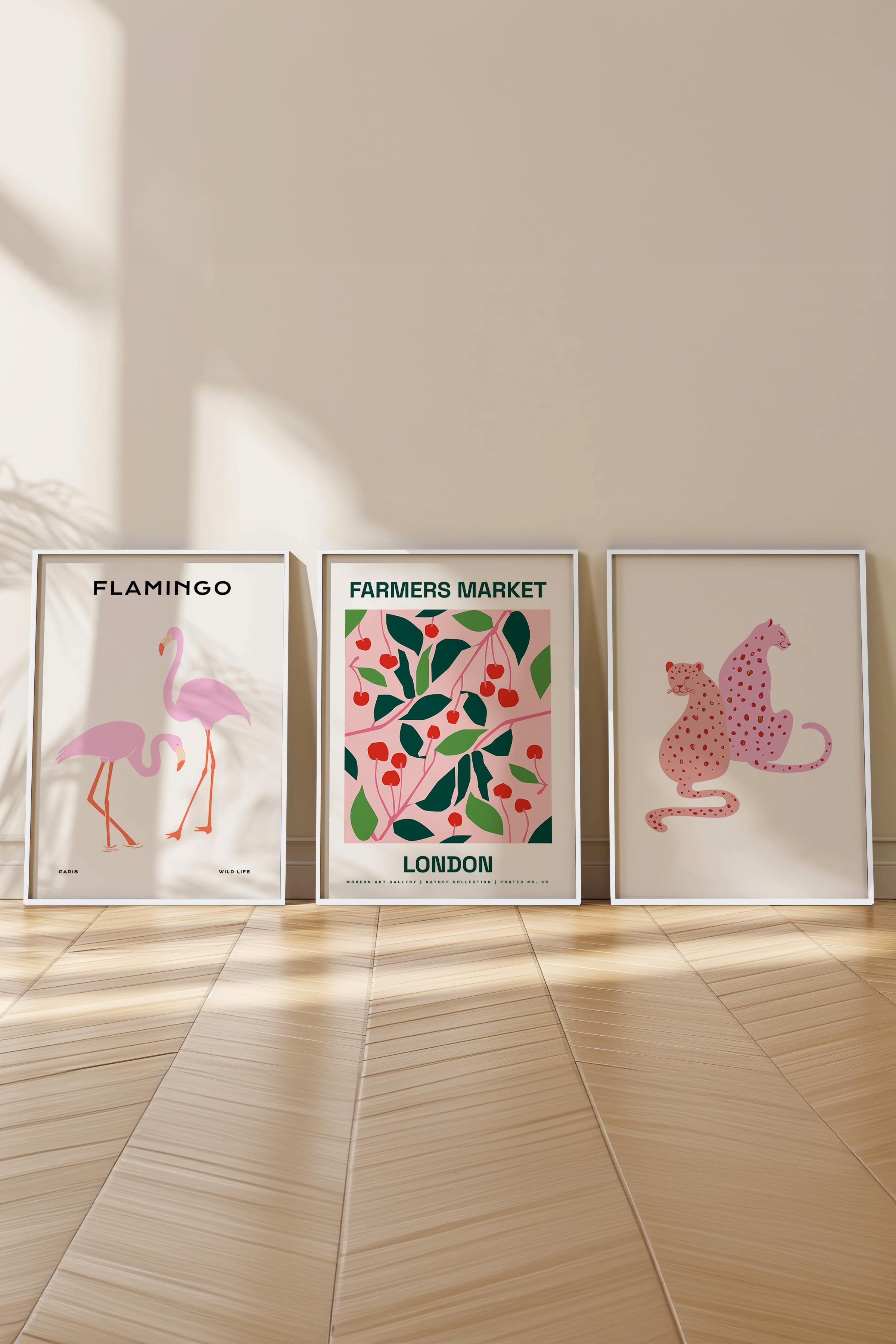 Pembe Modern Tablo Seti, 3 Adet Beyaz Çerçeve ve Poster, Flamingo Posterli Duvar Dekoru