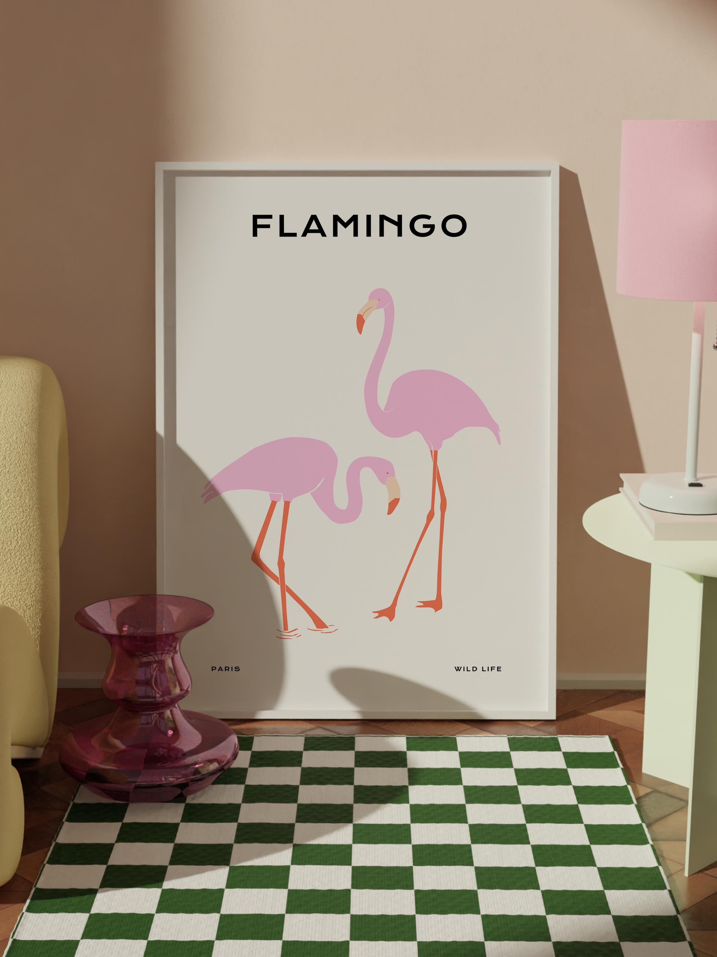 Pembe Modern Tablo Seti, 3 Adet Beyaz Çerçeve ve Poster, Flamingo Posterli Duvar Dekoru