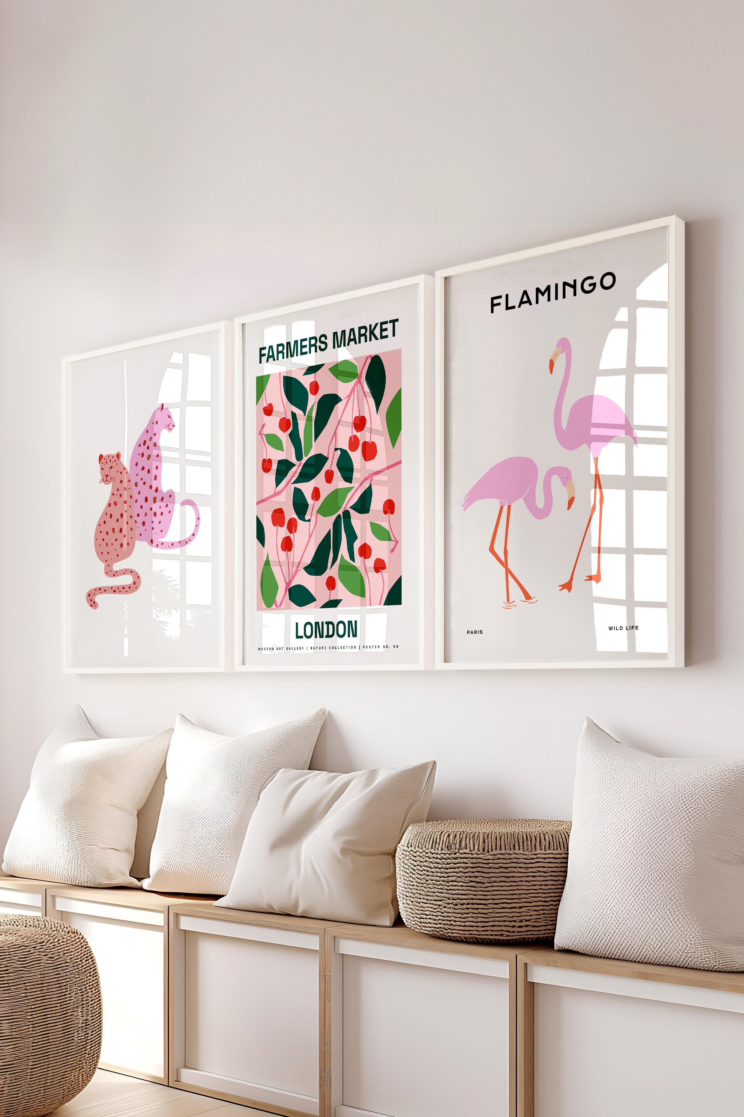 Pembe Modern Tablo Seti, 3 Adet Beyaz Çerçeve ve Poster, Flamingo Posterli Duvar Dekoru