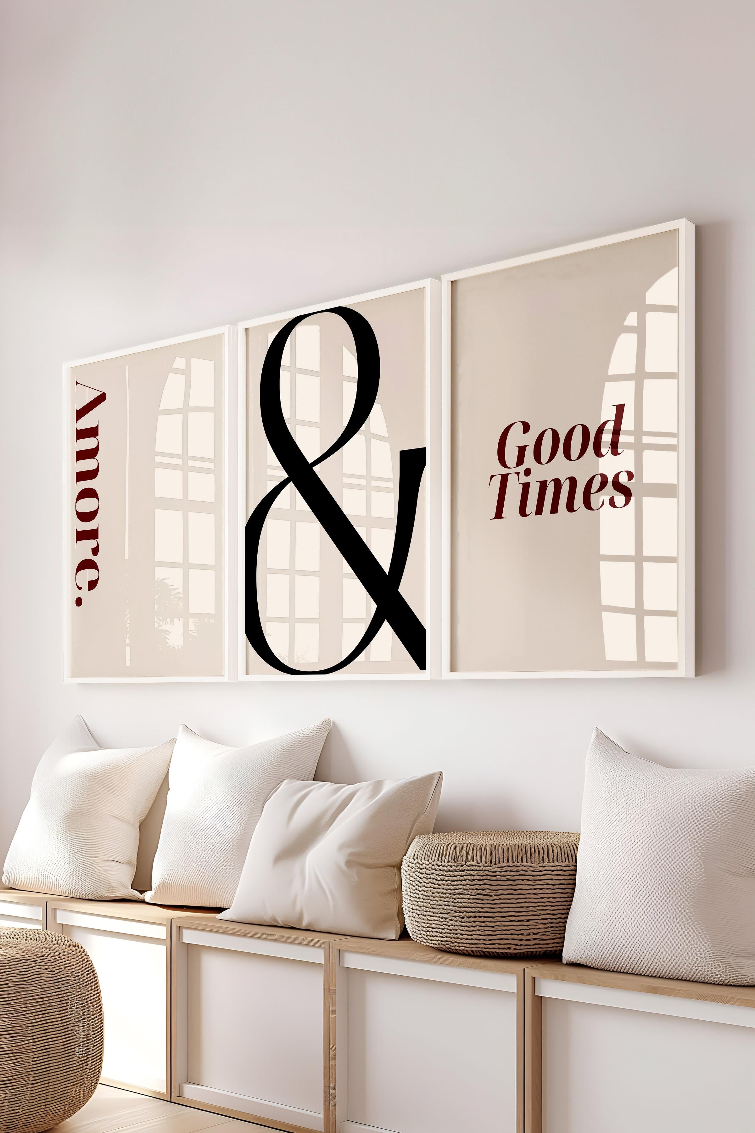 Soft Bej Tablo Seti, 3 Adet Beyaz Çerçeve ve Poster - Sonsuzluk, Amore ve Good Times Duvar Dekoru