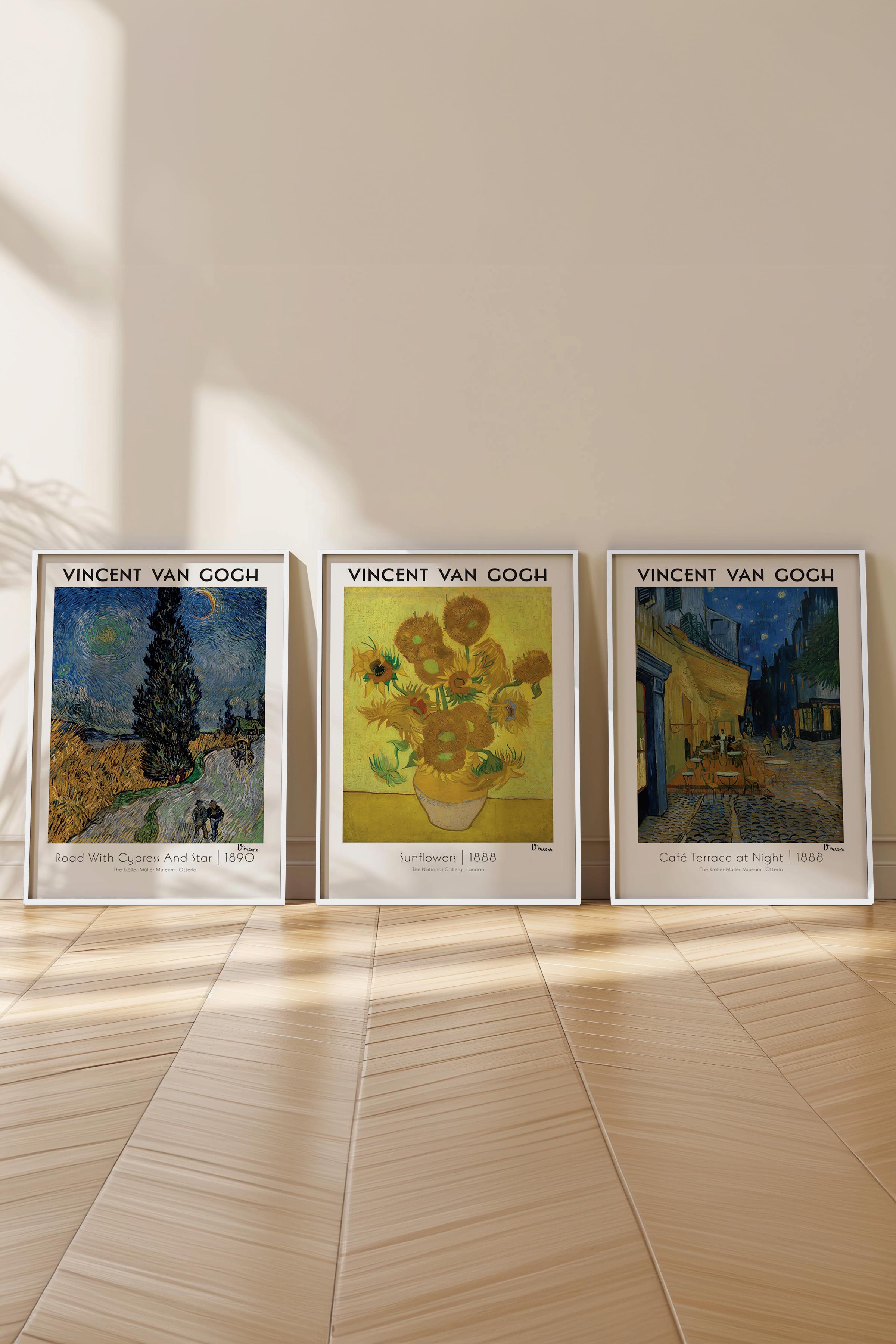 Van Gogh Tablo Seti, 3 Adet Beyaz Çerçeve ve Sanat Serisi Poster - Yatak Odası, Mutfak, Salon Dekoru