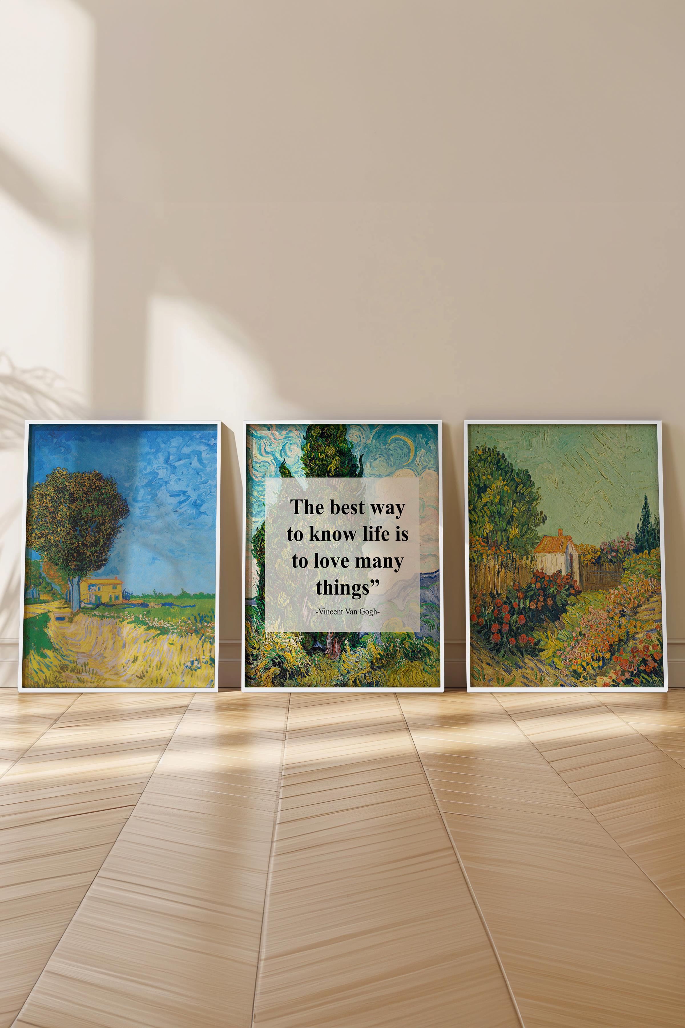 Van Gogh Tablo Seti, 3 Adet Beyaz Çerçeve ve Sanat Serisi Poster - Yatak Odası, Mutfak, Salon Dekoru