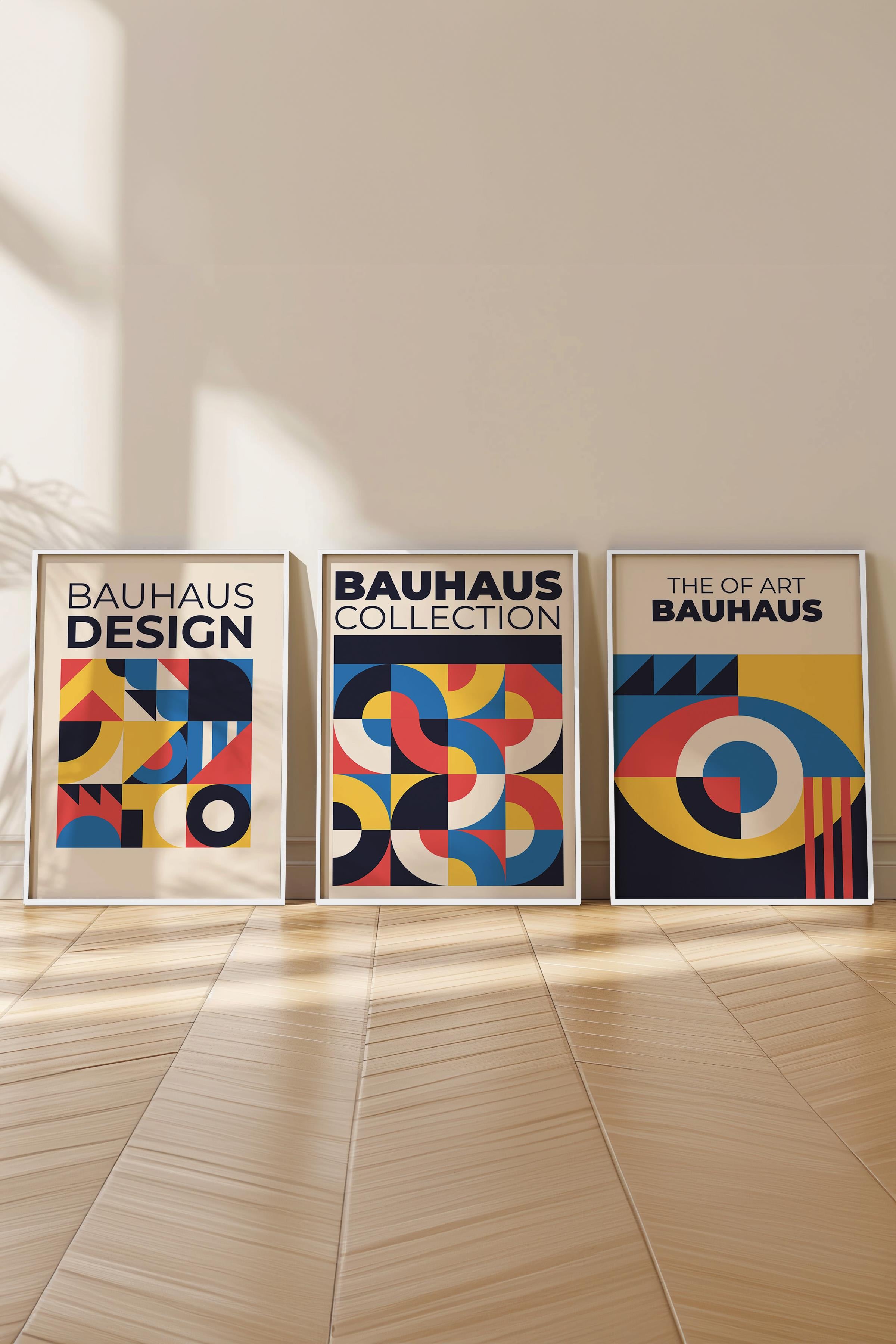 Renkli Tablo Seti, 3 Adet Beyaz Çerçeve ve Bauhaus Poster - Yatak Odası, Salon, Mutfak Dekoru