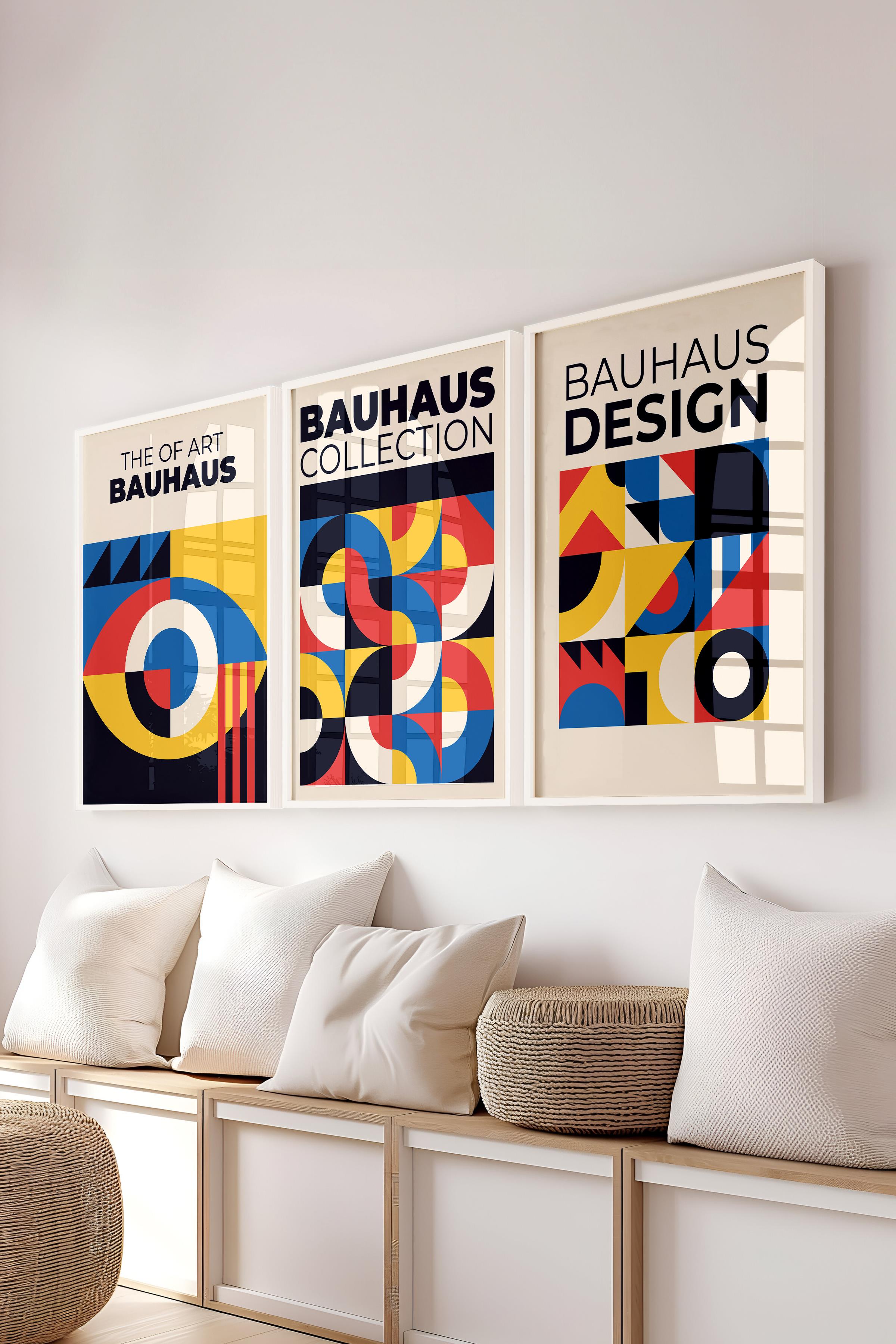 Renkli Tablo Seti, 3 Adet Beyaz Çerçeve ve Bauhaus Poster - Yatak Odası, Salon, Mutfak Dekoru