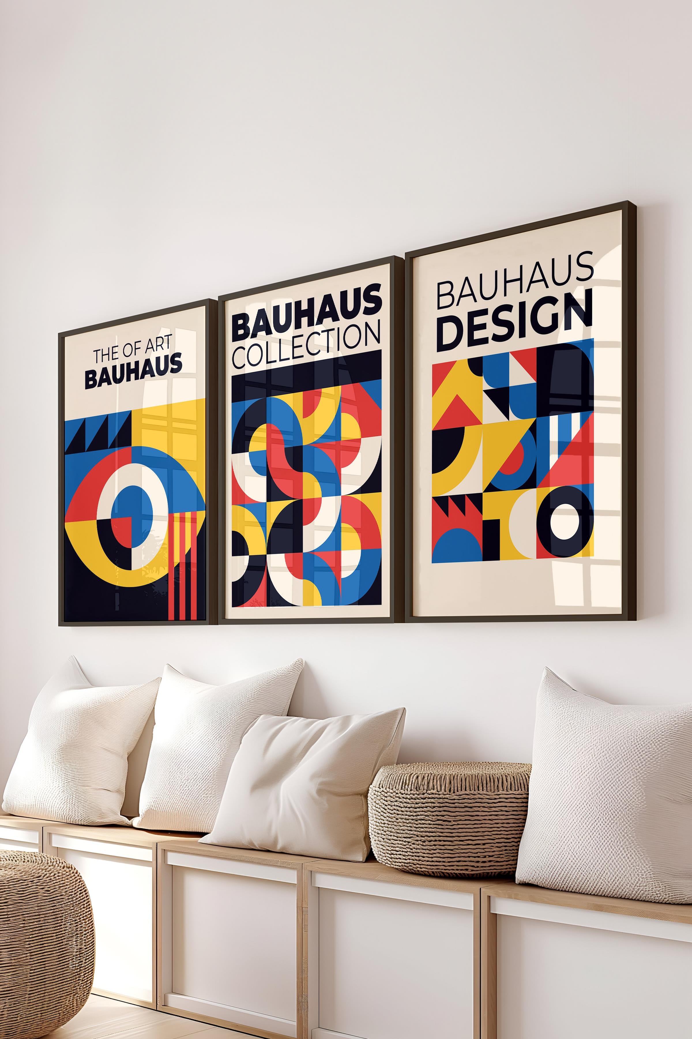 Renkli Tablo Seti, 3 Adet Siyah Çerçeve ve Bauhaus Poster - Yatak Odası, Salon, Mutfak Dekoru