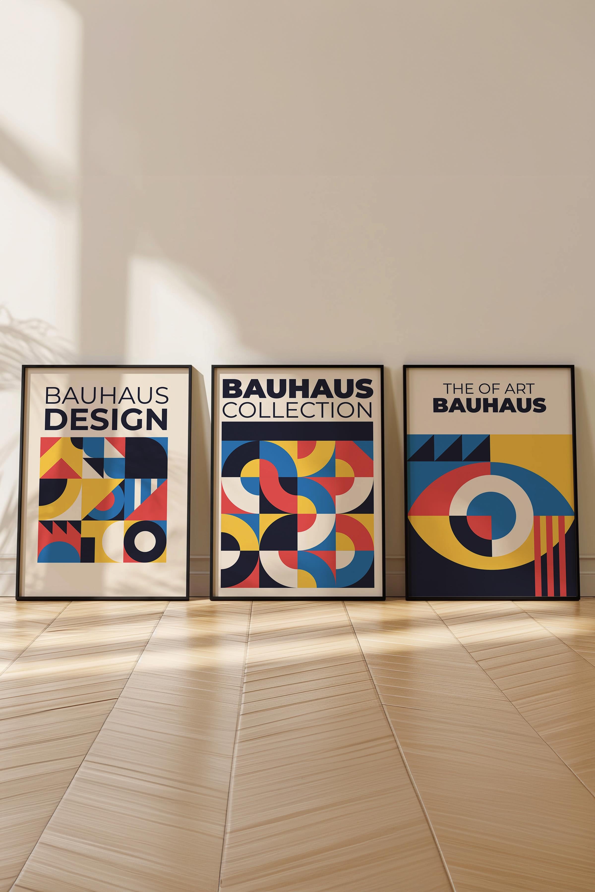 Renkli Tablo Seti, 3 Adet Siyah Çerçeve ve Bauhaus Poster - Yatak Odası, Salon, Mutfak Dekoru