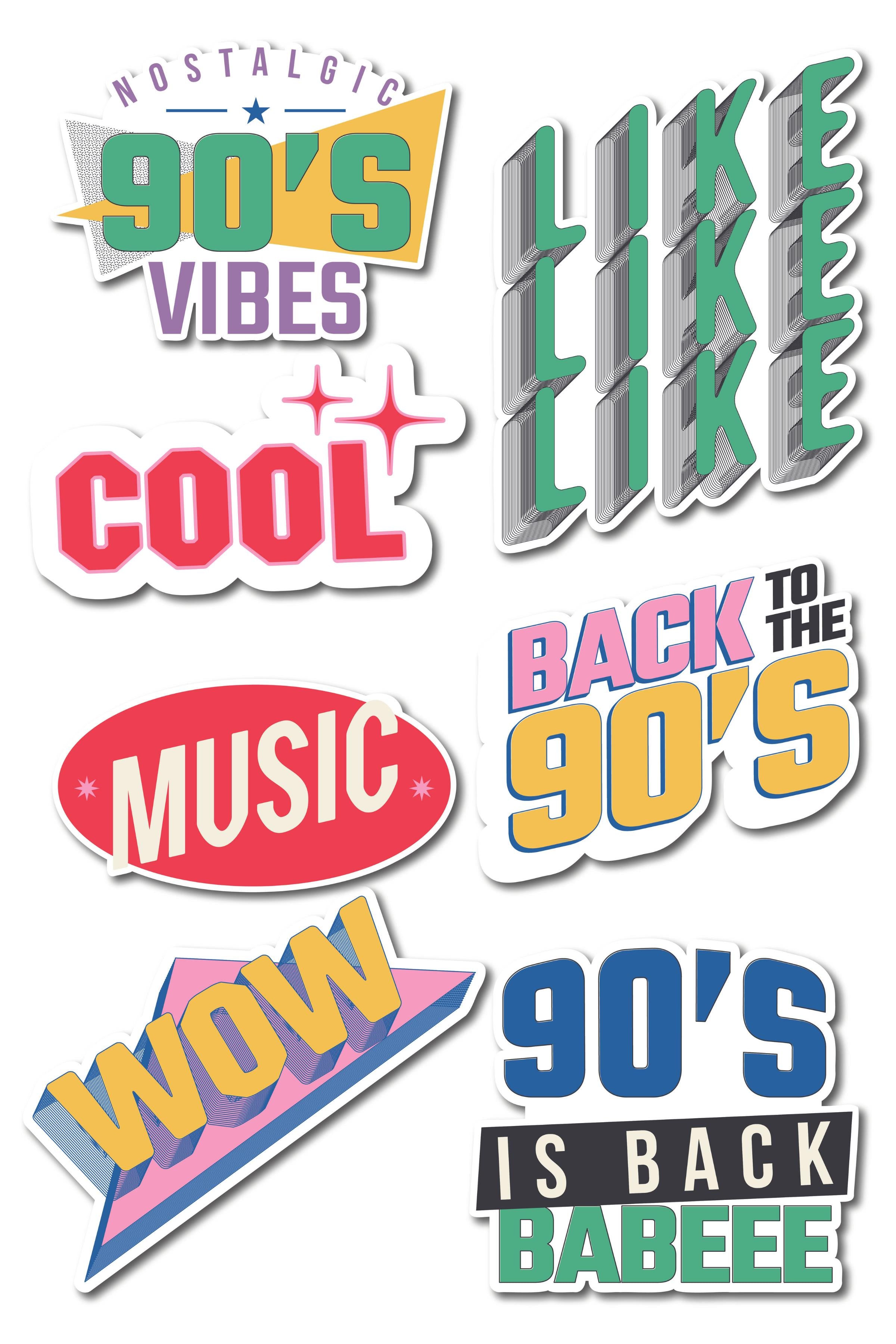 90'lar Retro Temalı Sticker ve Etiket Seti - Orta Boy - Su Geçirmez, Kalın Yapışkanlı Sticker Seti