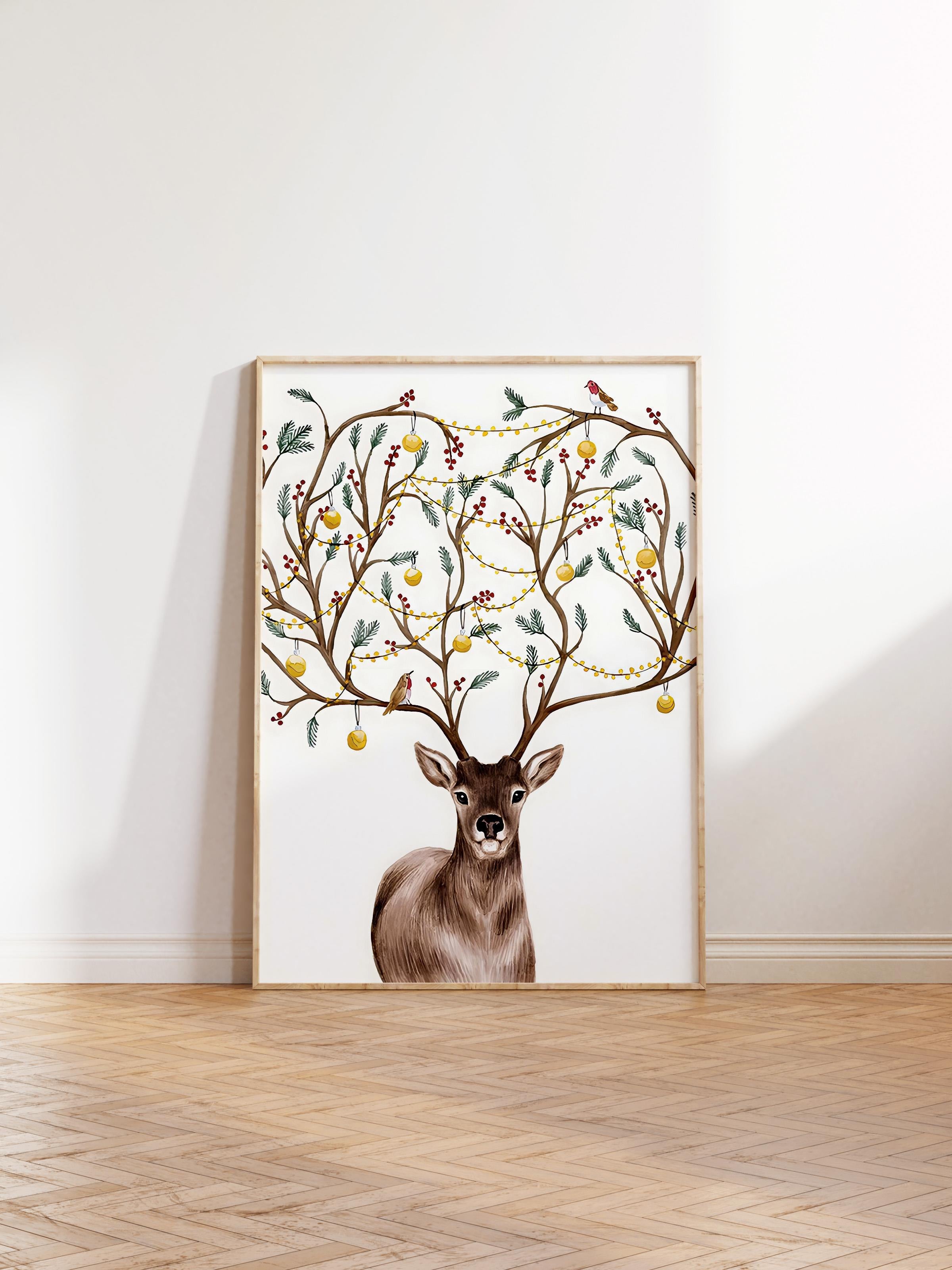 Ahşap Çerçeveli Tablo, Yılbaşı Poster, Yılbaşı Dekoru,Decorated Deer Comfort Serisi NO:108642