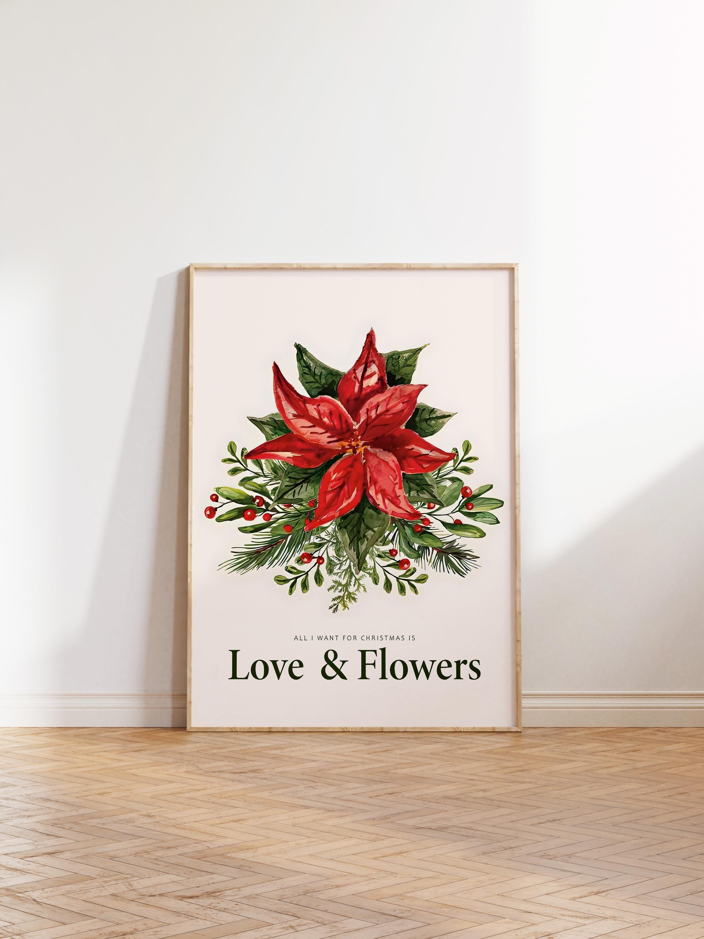 Ahşap Çerçeveli Yılbaşı Poster, Love and Flowers for Christmas Comfort Serisi NO:108636