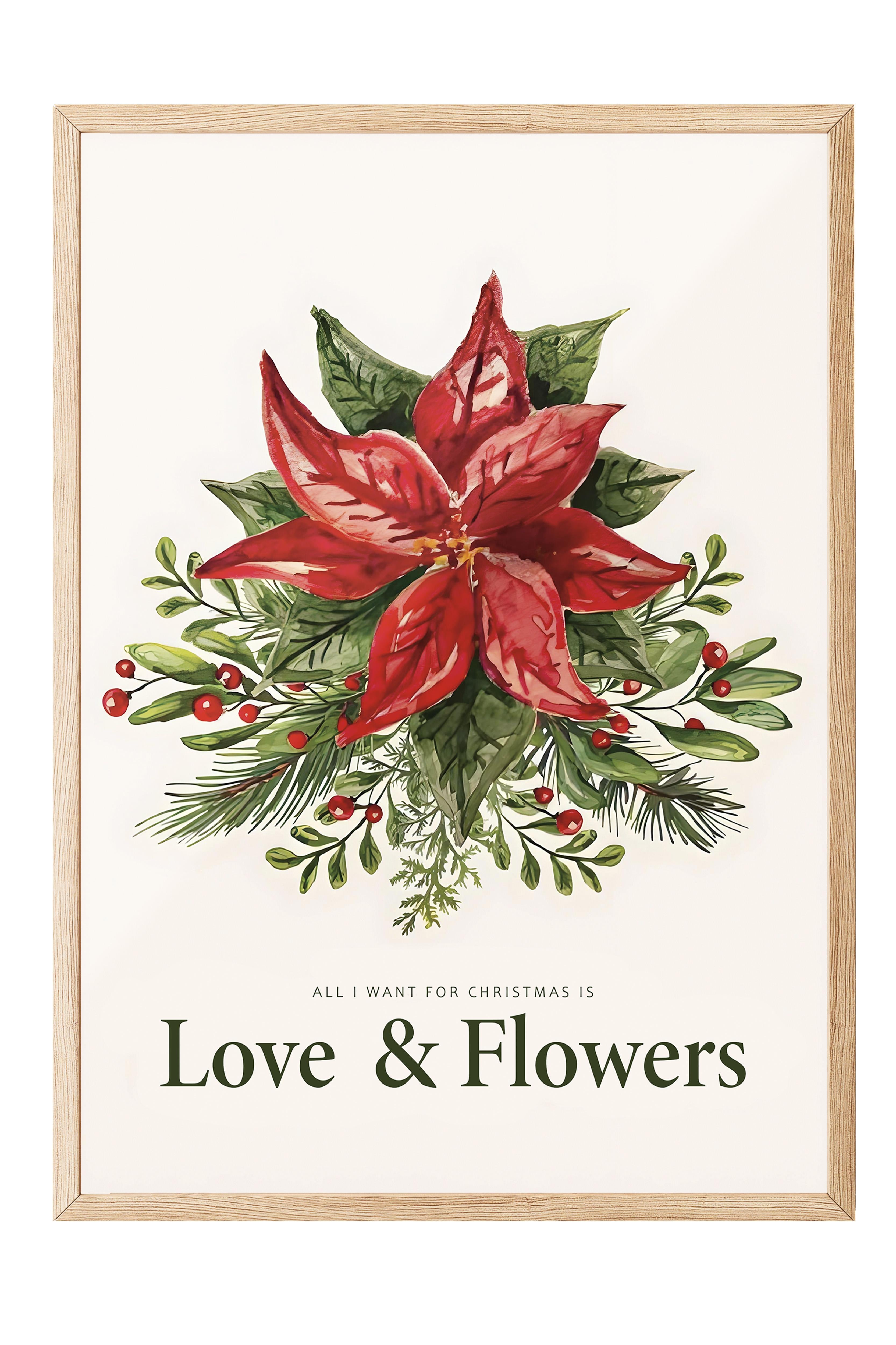 Ahşap Çerçeveli Yılbaşı Poster, Love and Flowers for Christmas Comfort Serisi NO:108636