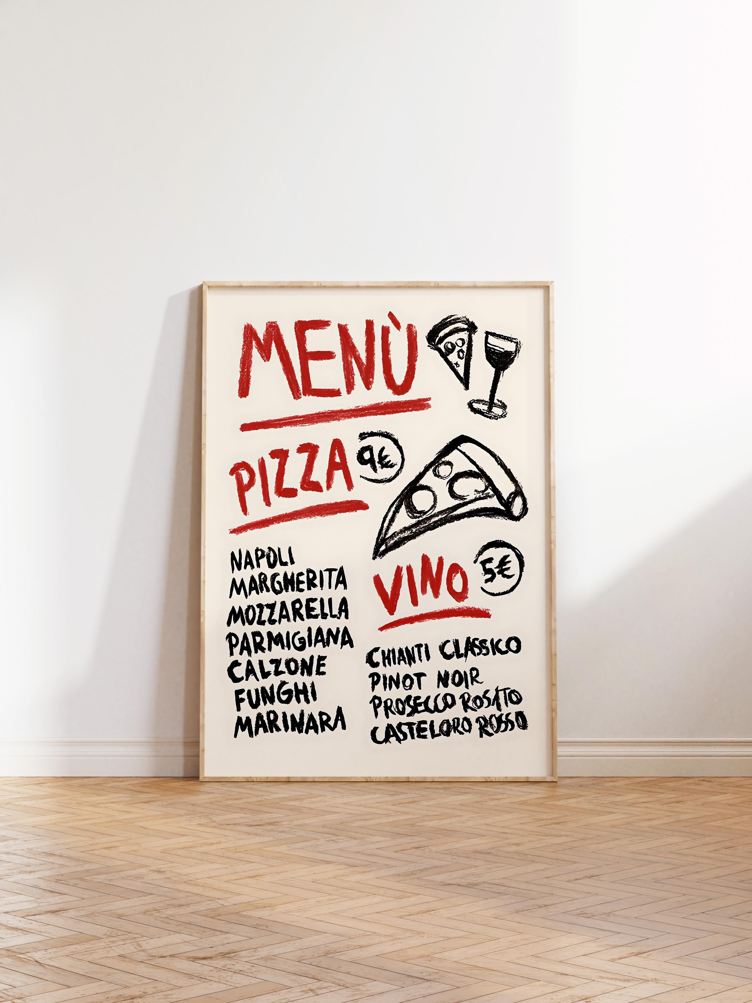 Ahşap Çerçeveli Tablo, Poster ve Çerçeve Seti, Pizza Vino Menu Comfort Serisi NO:108605