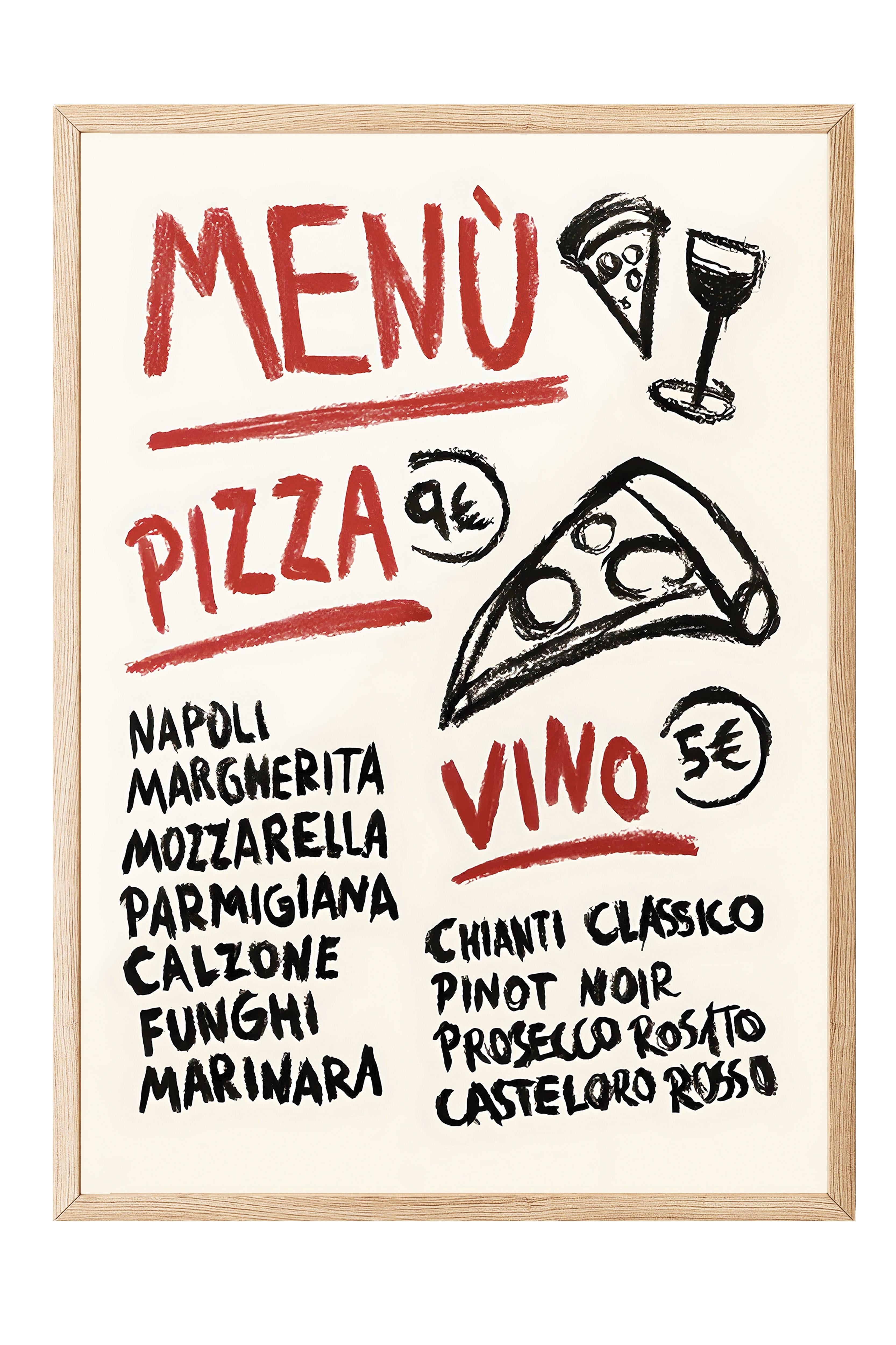 Ahşap Çerçeveli Tablo, Poster ve Çerçeve Seti, Pizza Vino Menu Comfort Serisi NO:108605