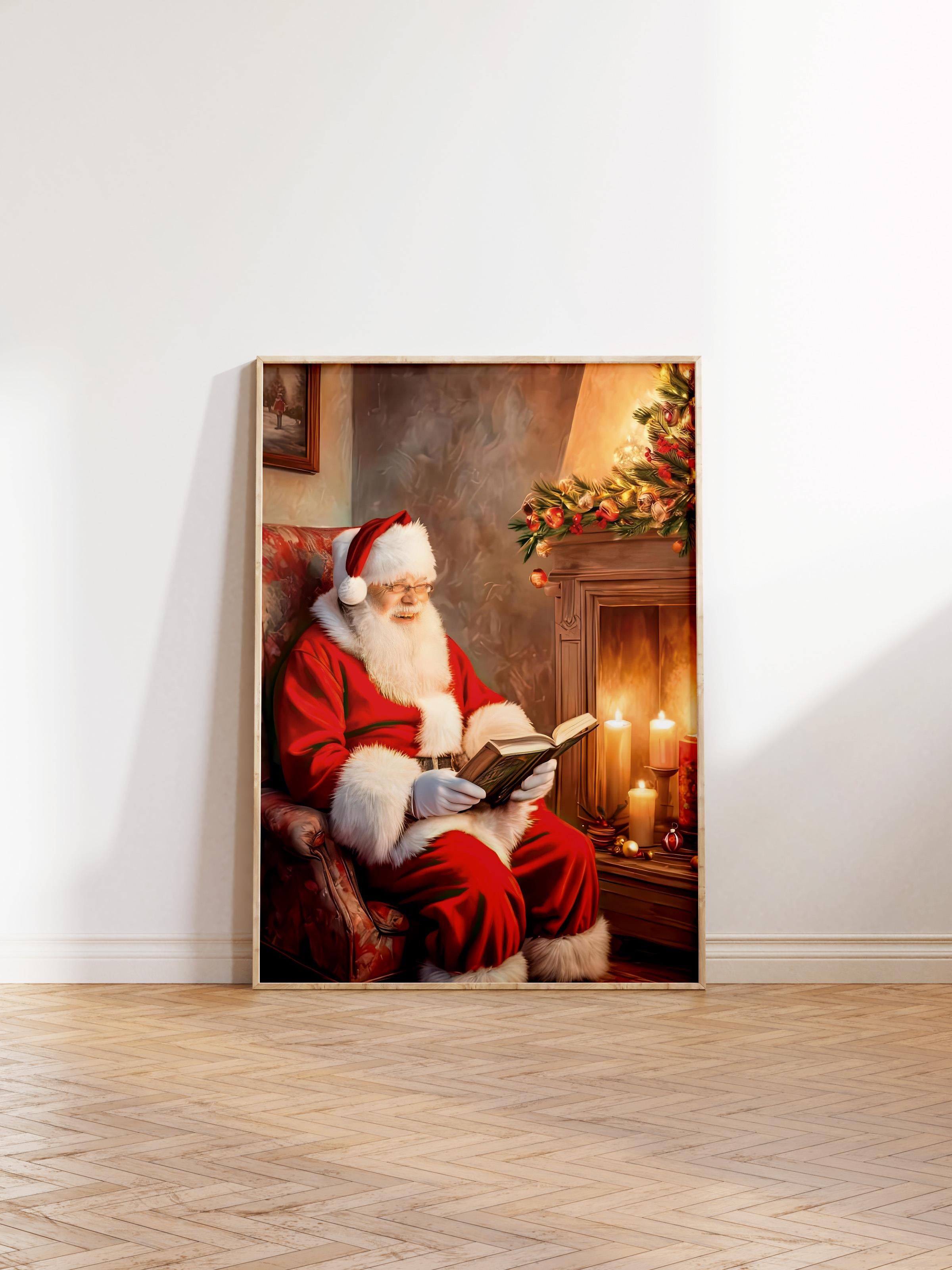 Ahşap Çerçeveli Tablo, Yılbaşı Poster, Yılbaşı Dekoru,Reading Santa Comfort Serisi NO:108622