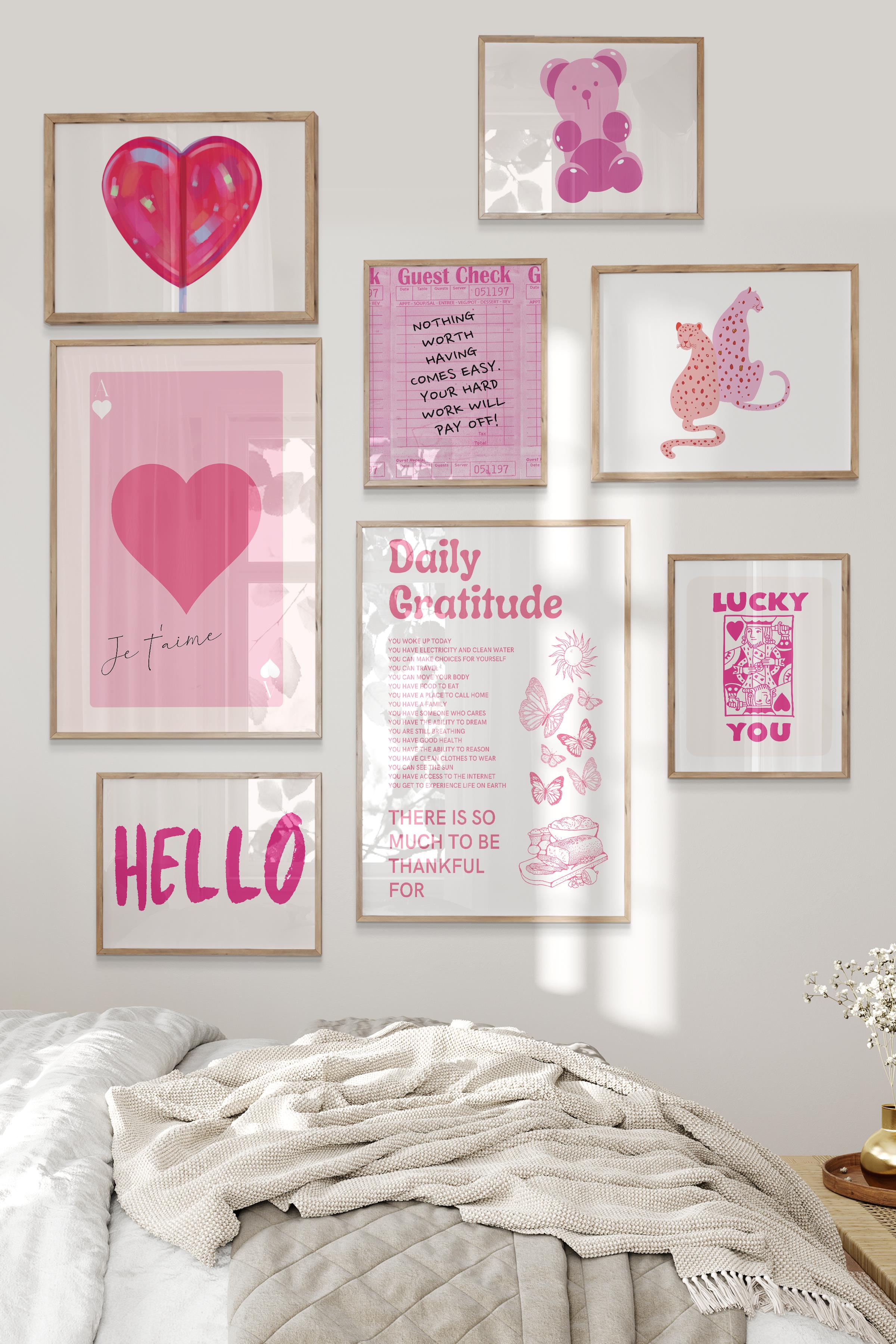 Ahşap Tablo Seti, 8 Adet Çerçeve Seti,Pembe Lucky You Temalı Galeri Poster Seti NO:039