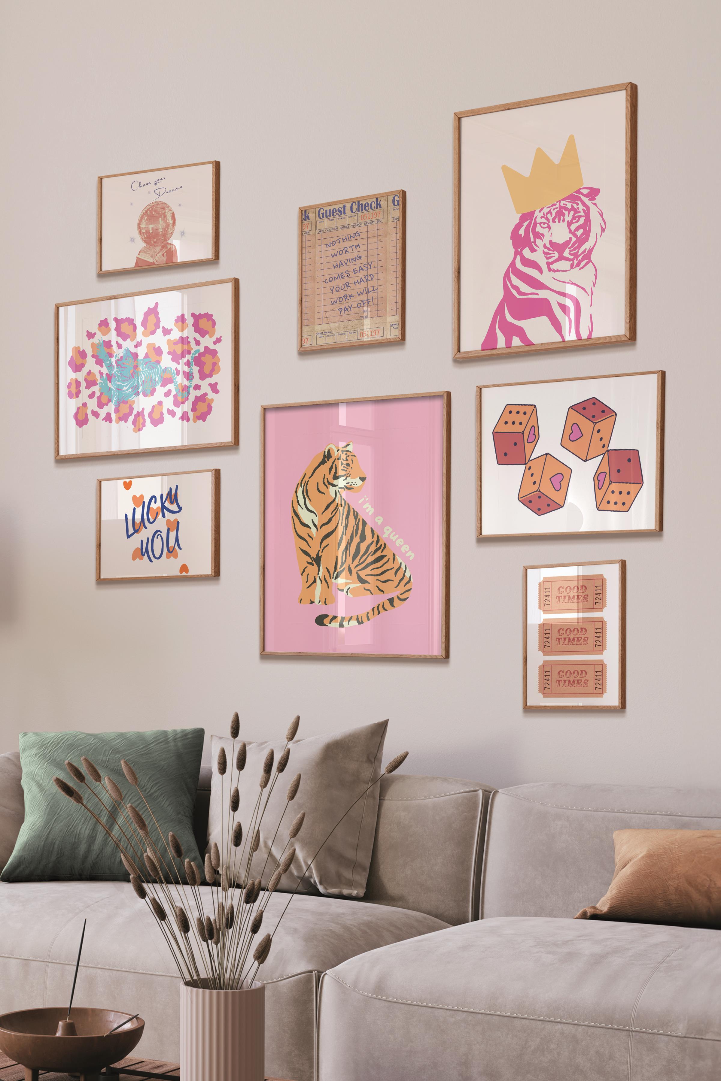 Ahşap Tablo Seti, 8 Adet Çerçeve Seti,Pembe Preppy Temalı Galeri Poster Seti NO:038