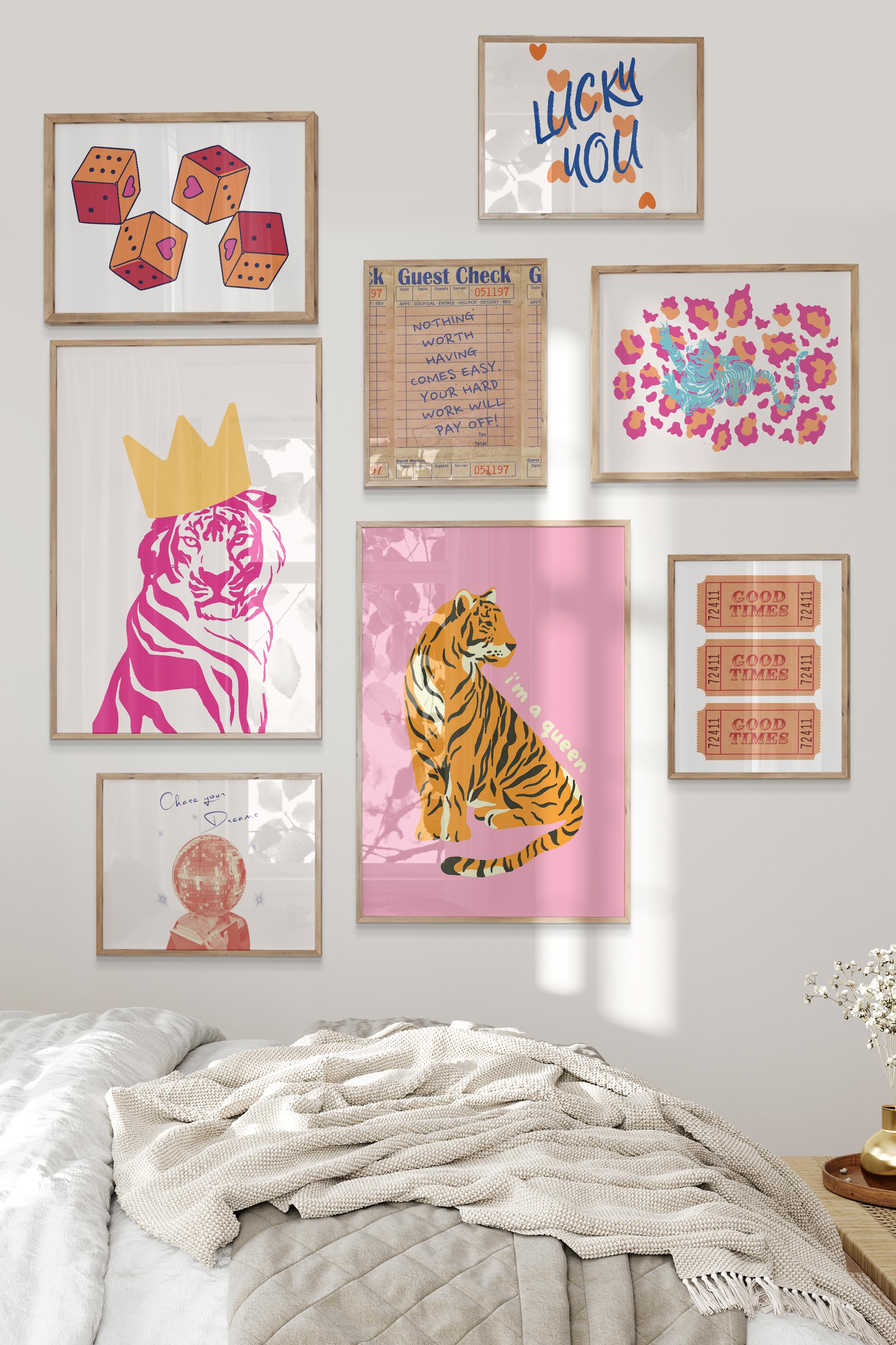 Ahşap Tablo Seti, 8 Adet Çerçeve Seti,Pembe Preppy Temalı Galeri Poster Seti NO:038