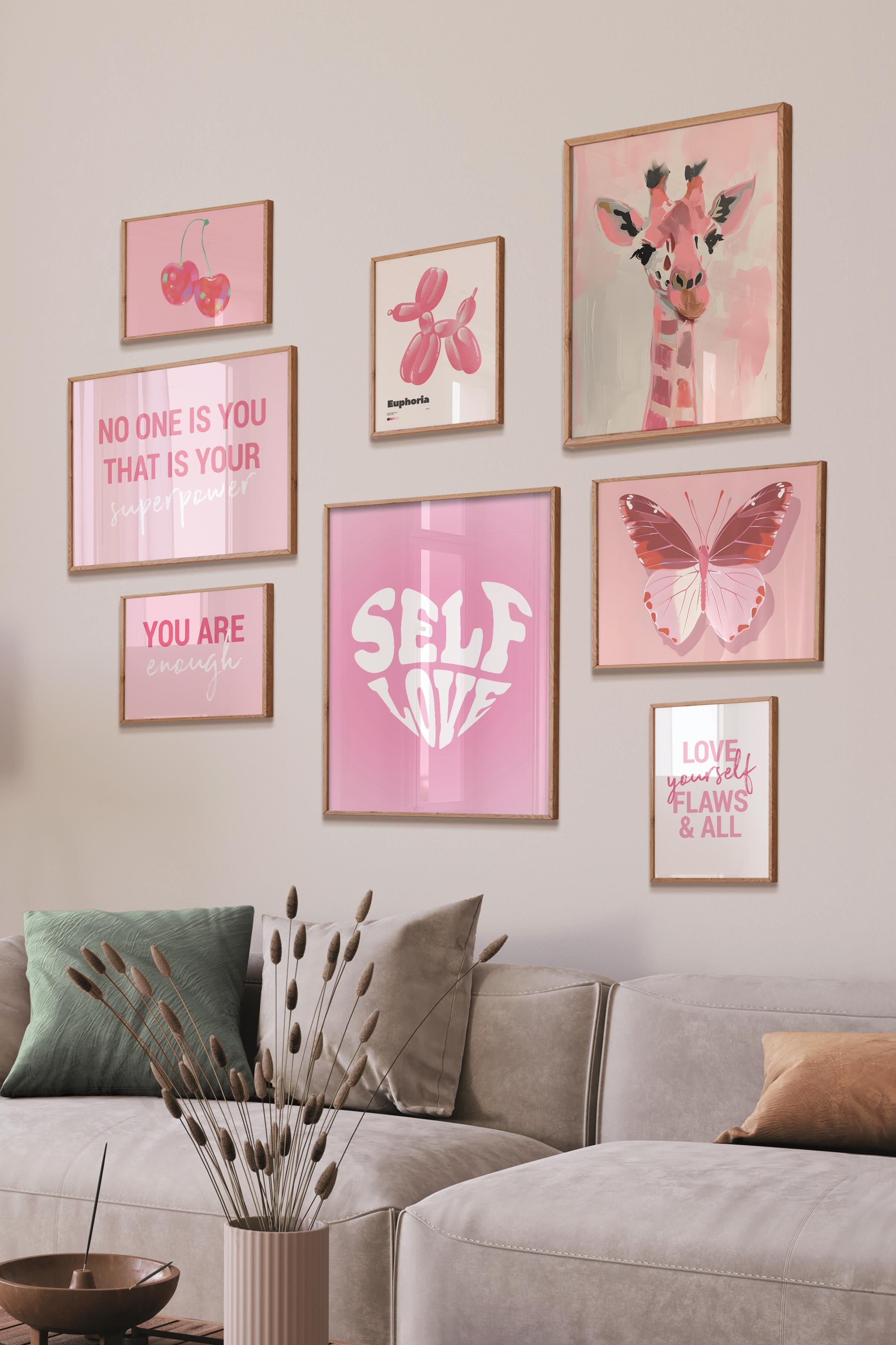 Ahşap Tablo Seti, 8 Adet Çerçeve Seti,Self Love Pembe Temalı Galeri Poster Seti NO:022