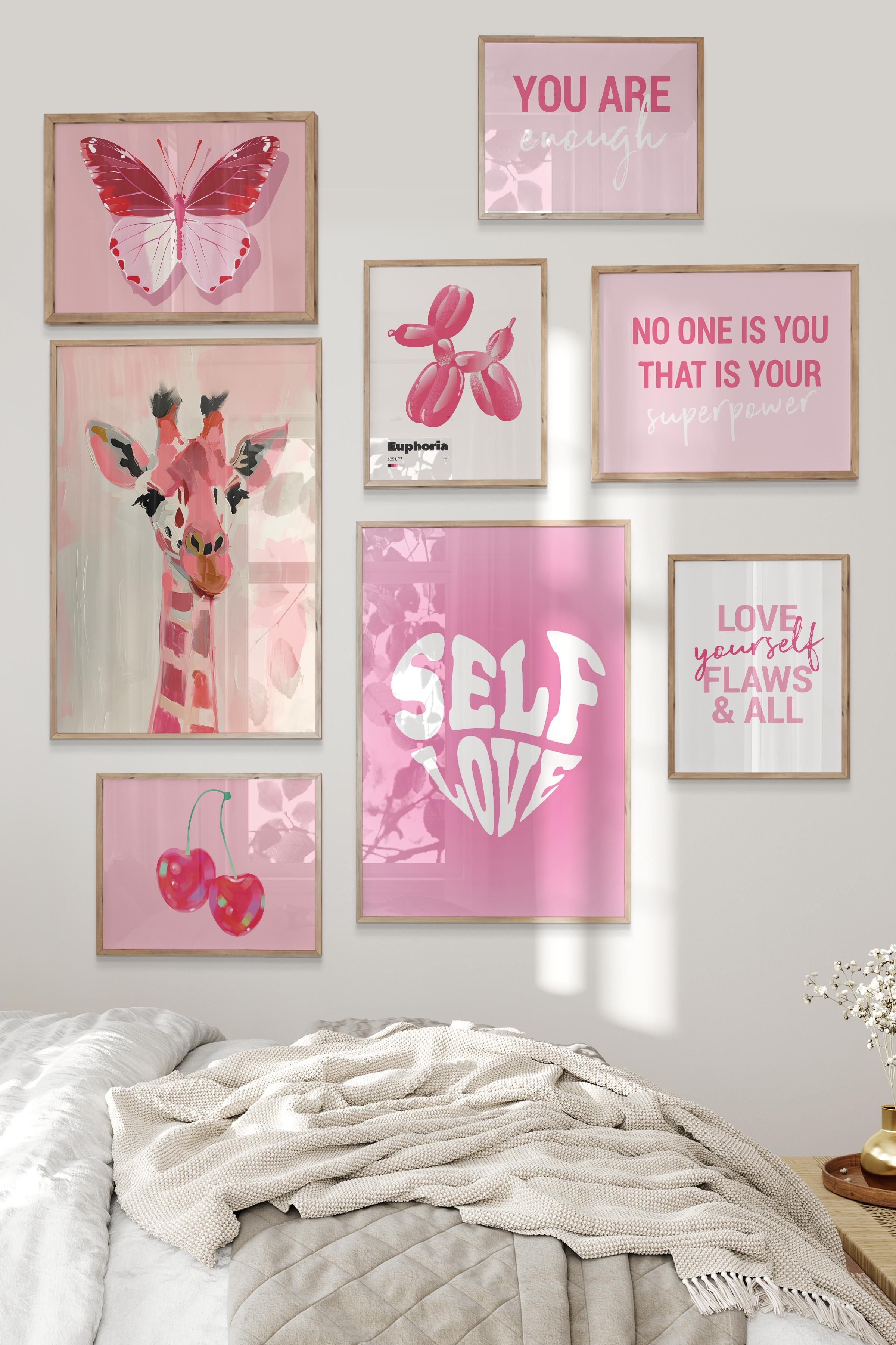 Ahşap Tablo Seti, 8 Adet Çerçeve Seti,Self Love Pembe Temalı Galeri Poster Seti NO:022