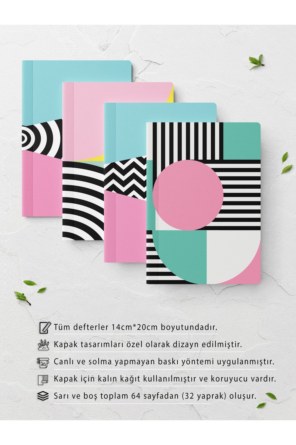 Bauhaus Temalı Defter Seti - Soft Renkli Not Defteri - 4 Adet - 14cm*20cm - 64 Sayfa