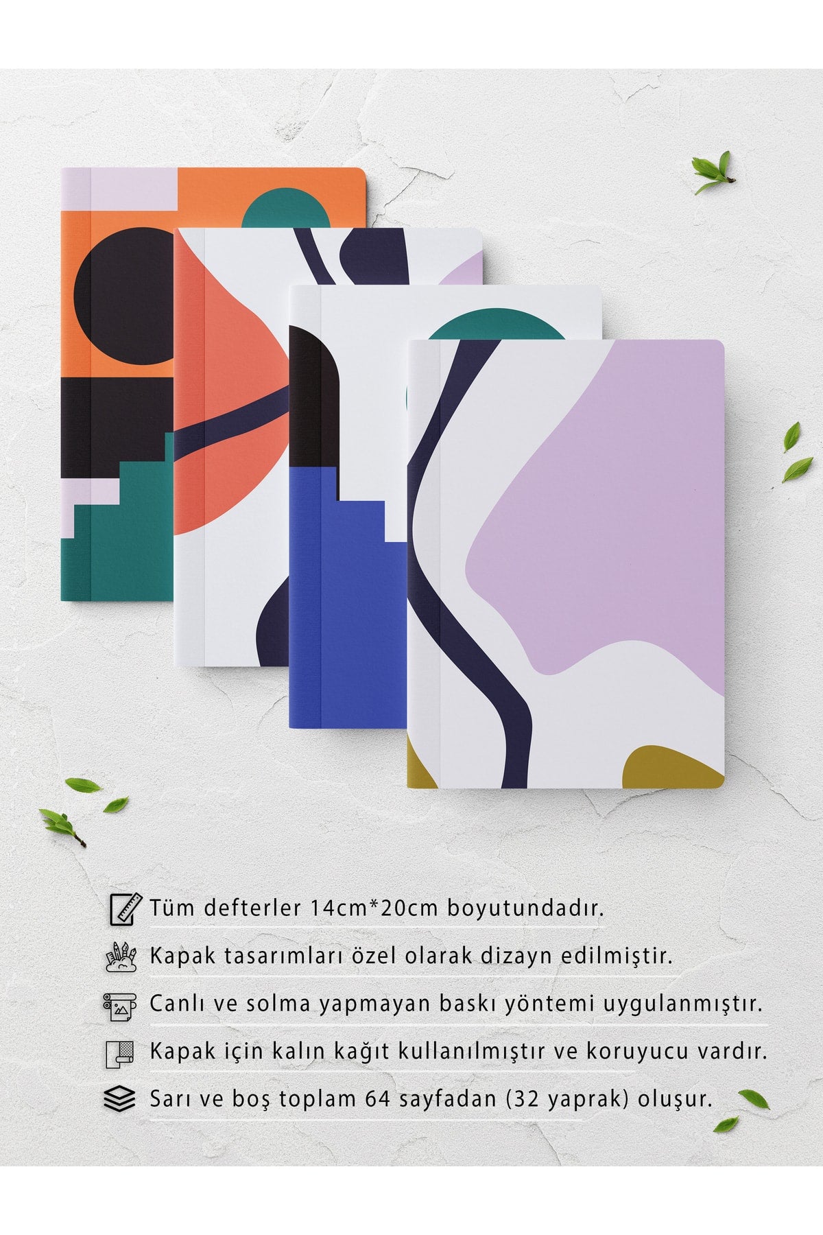 Bauhaus Temalı Defter Seti - Soft Renkli Not Defteri - 4 Adet - 14cm*20cm - 64 Sayfa