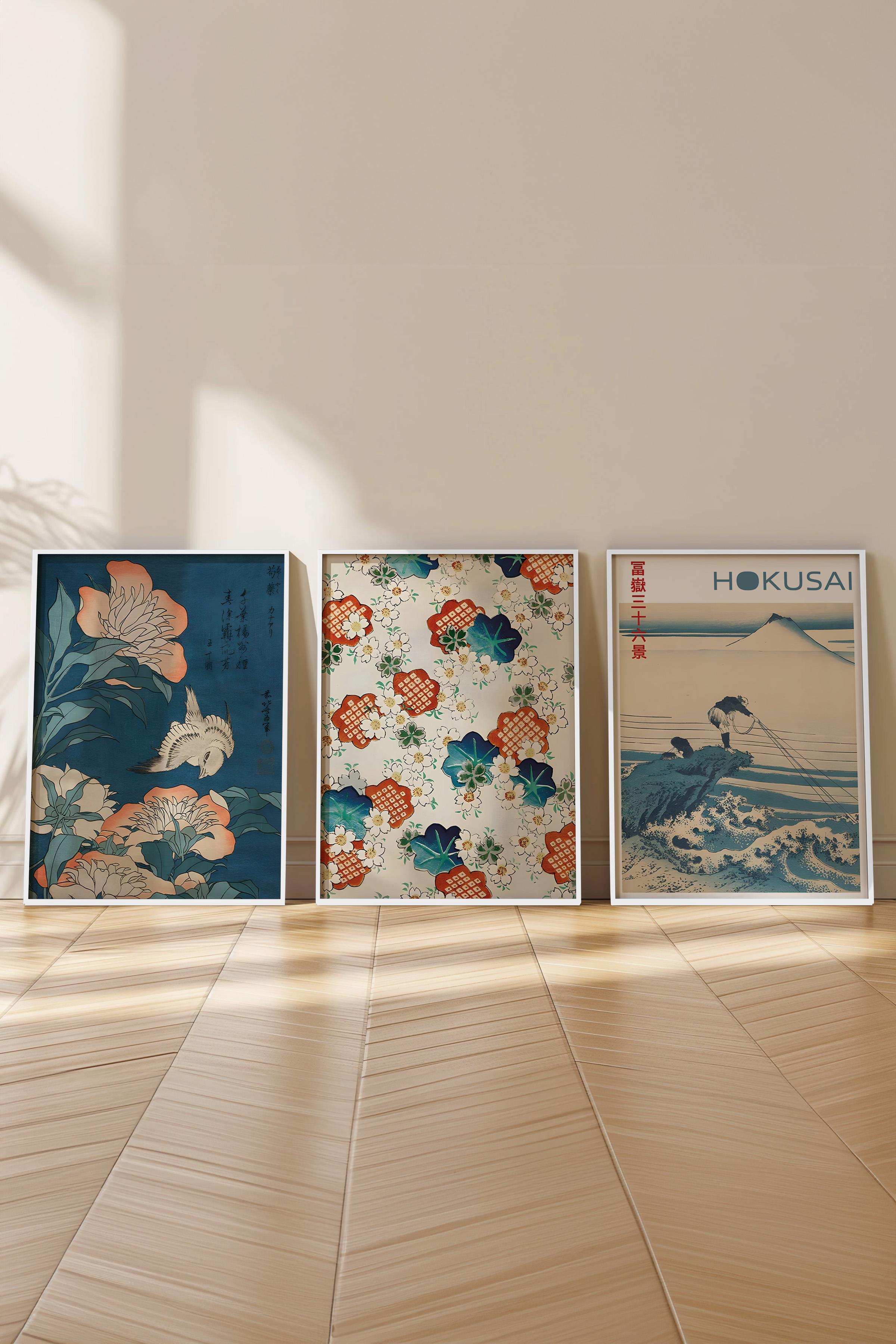 Beyaz Çerçeveli Tablo Seti, Hokusai Duvar Tablosu, 3 Adet Poster Seti, No:300762