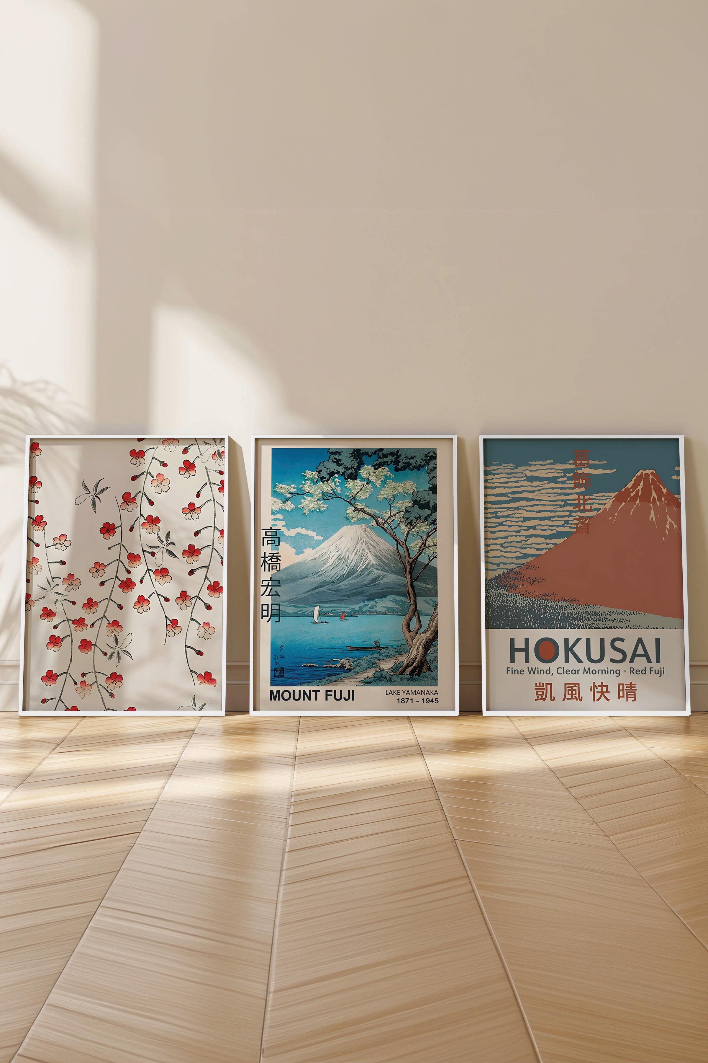 Beyaz Çerçeveli Tablo Seti, Hokusai Duvar Tablosu, 3 Adet Poster Seti, No:300777