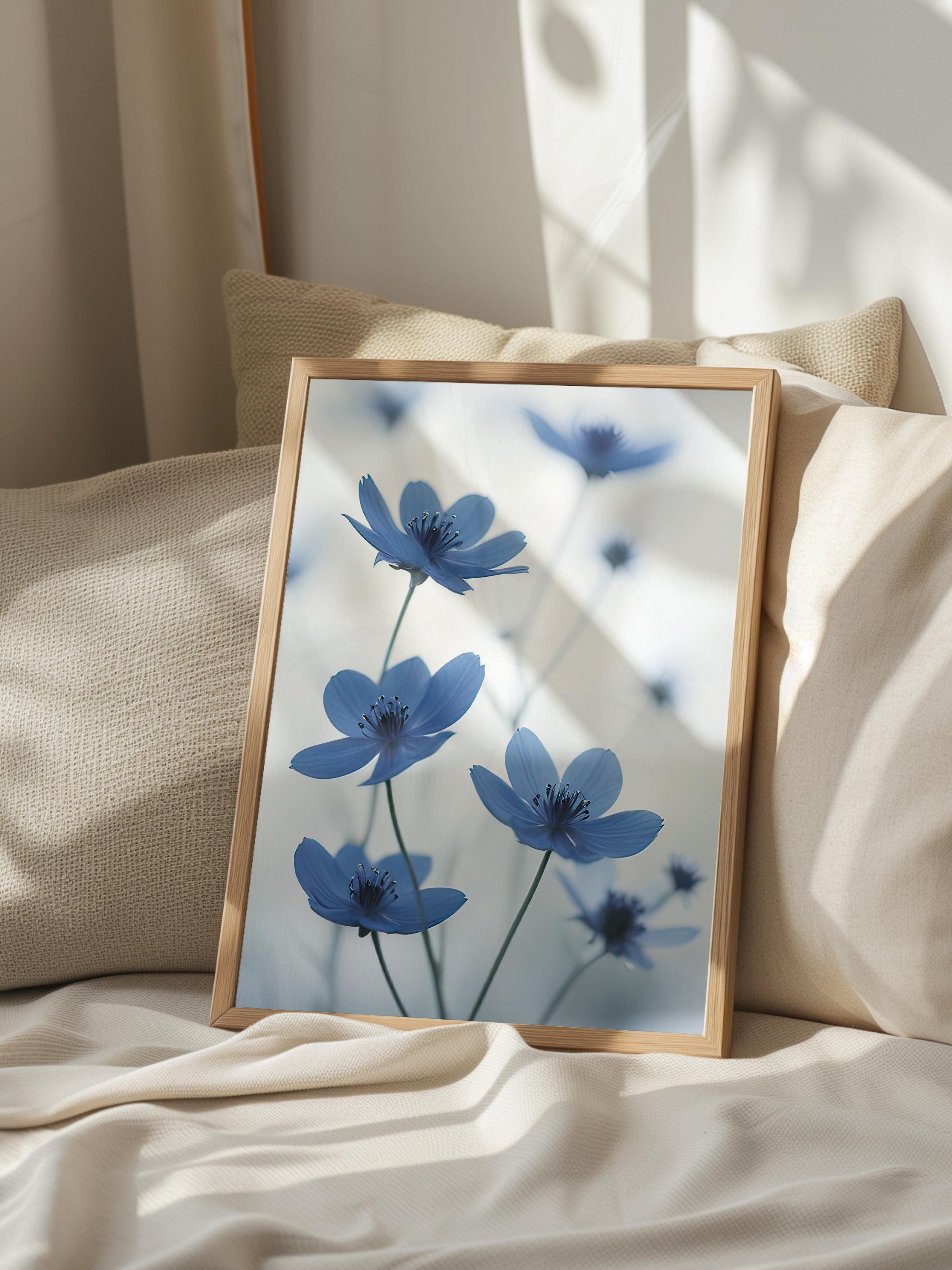 Blue Cosmos Flower Çerçeveli Tablo, Ahşap Çerçeve ve Poster, Duvar Tablosu Comfort Serisi NO:108373