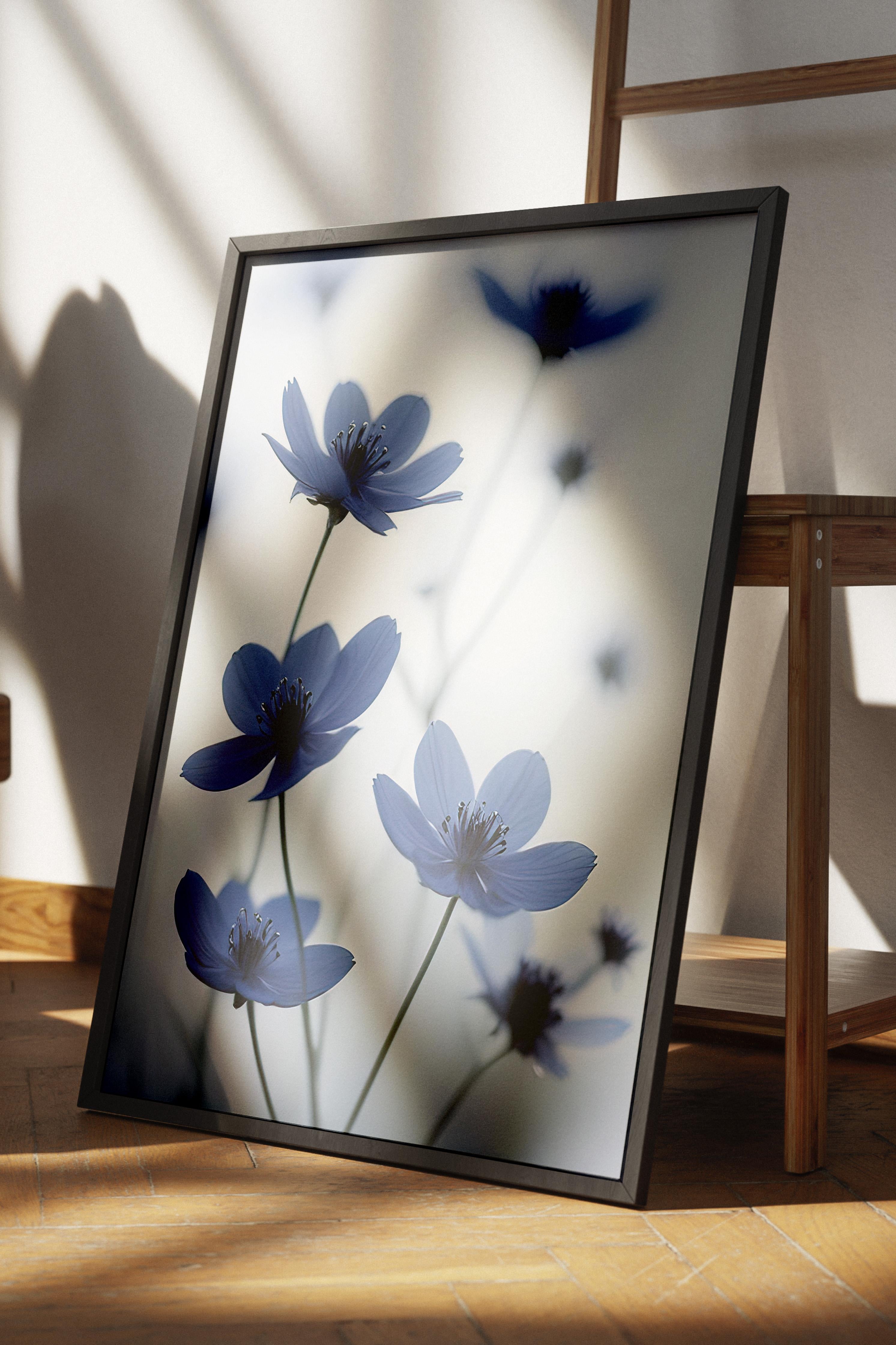 Blue Cosmos Flower Çerçeveli Tablo, Siyah Çerçeve ve Poster, Duvar Tablosu Comfort Serisi NO:108373