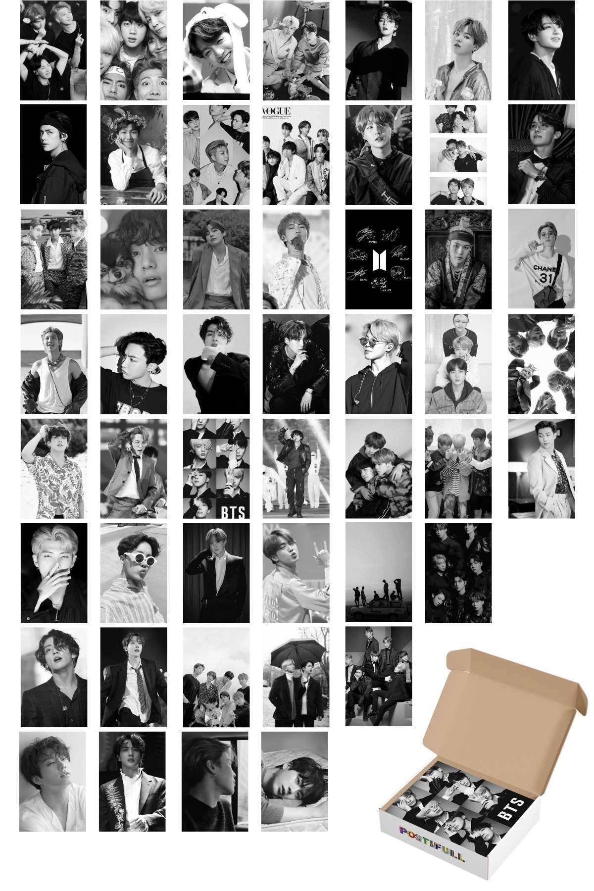 Bts Duvar Poster Seti - Arkası Yapışkanlı Kolaj Seti - 50 Adet - Siyah Beyaz, 10cm*15cm, Kutulu Set