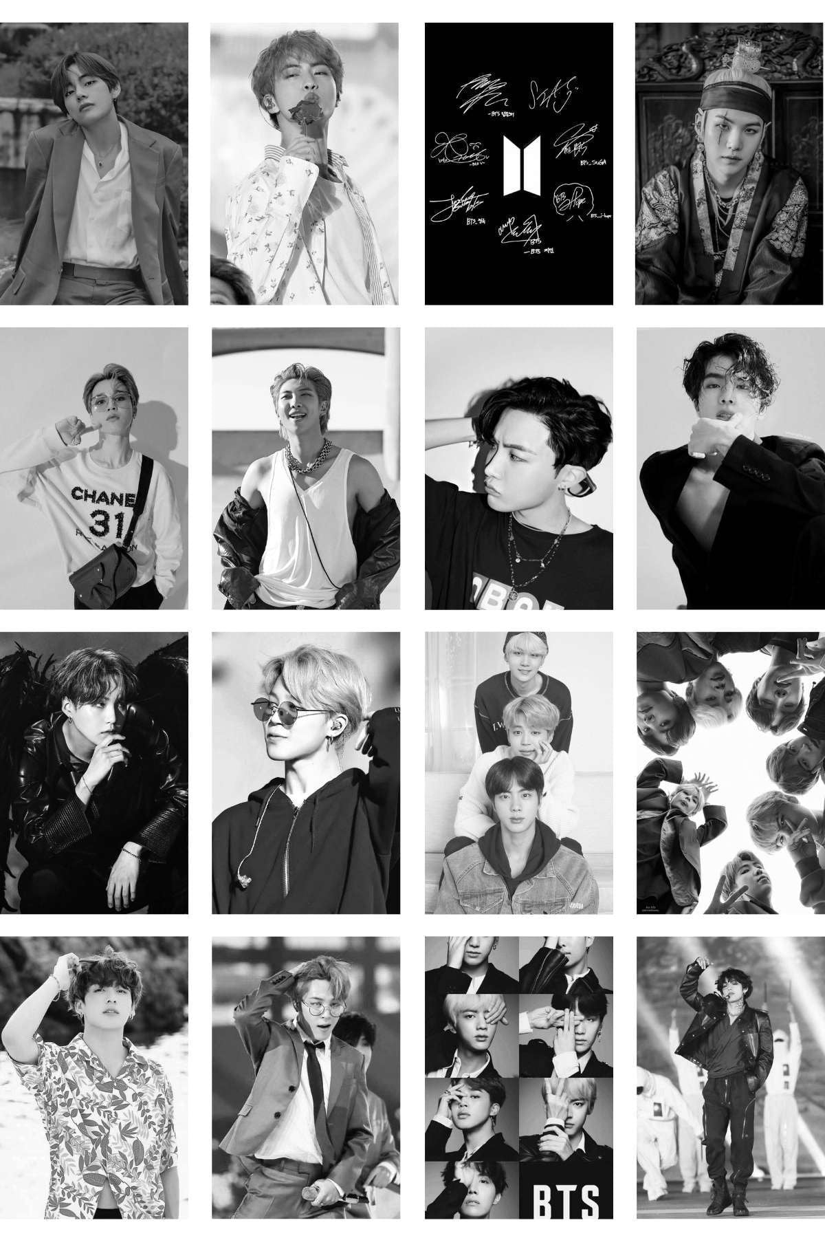 Bts Duvar Poster Seti - Arkası Yapışkanlı Kolaj Seti - 50 Adet - Siyah Beyaz, 10cm*15cm, Kutulu Set