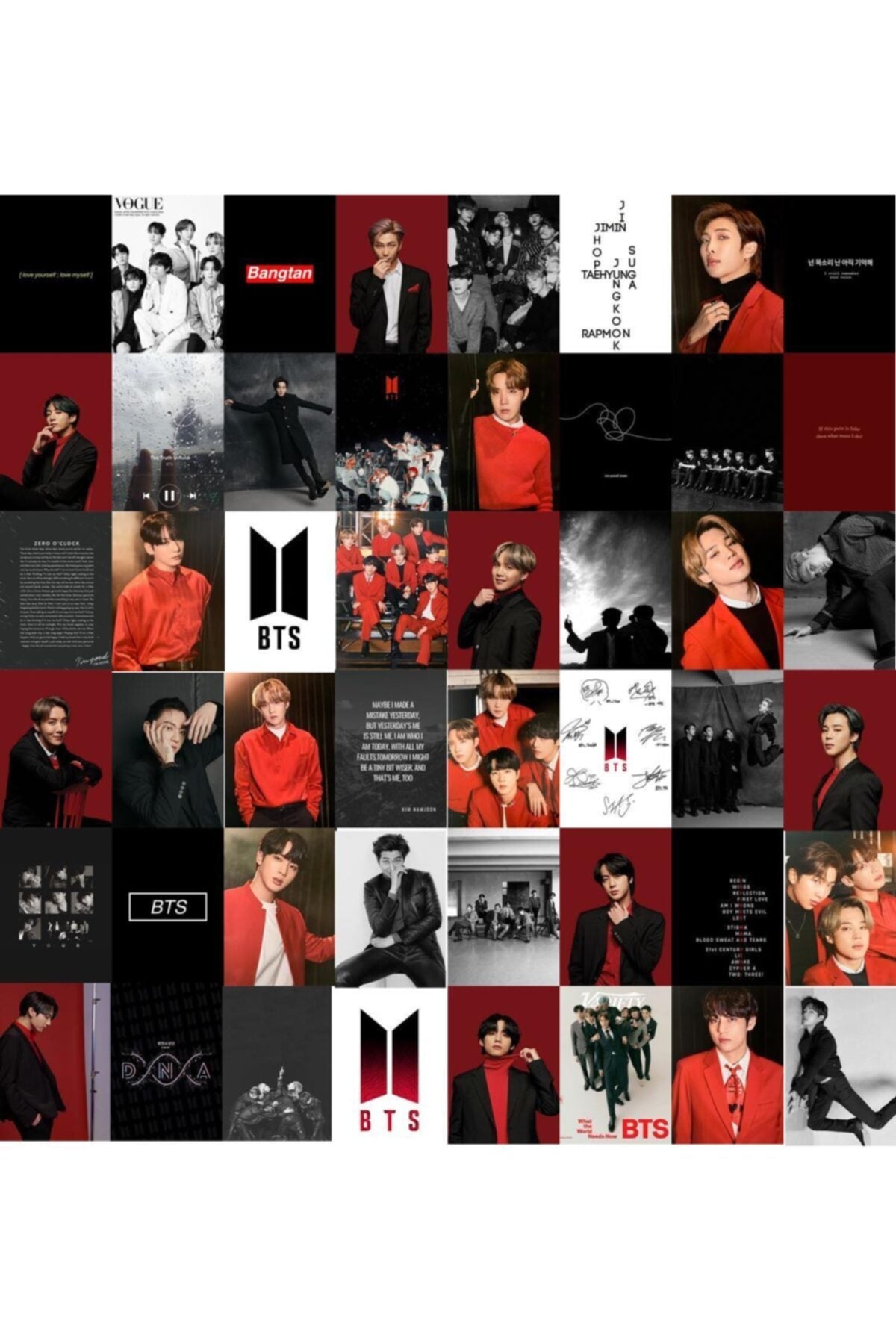 Bts Kırmızı Duvar Posteri Seti - Poster Kolaj Seti - 60 Adet, 10cm*15cm, Arkası Yapışkanlı Kutlu Set