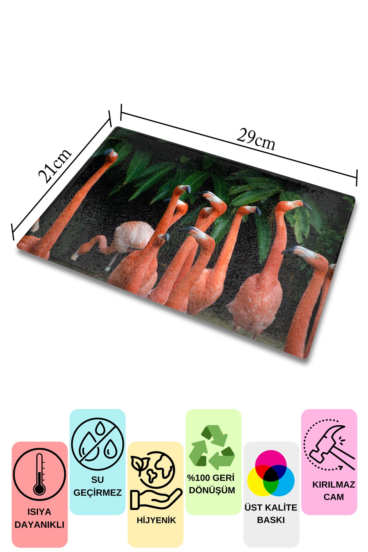 Cam Kesme Tahtası, Kalın Ve Kırılmaz Cam - Flamingo Tema - 21*30cm - Doğrama Tahtası, Mutfak Dekoru