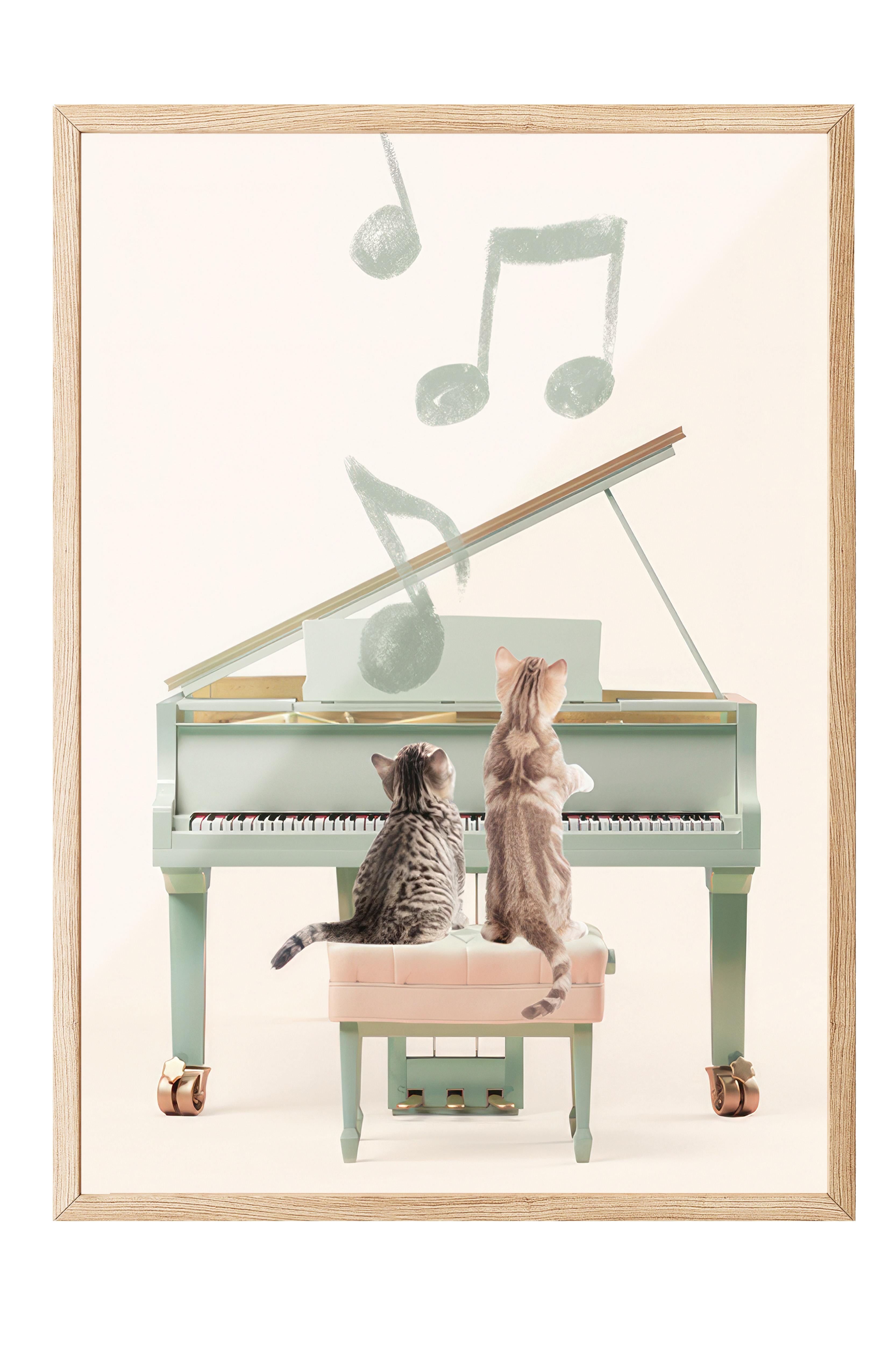 Cats Playing Piano Çerçeveli Tablo, Ahşap Çerçeve ve Poster, Duvar Tablosu Comfort Serisi NO:108440