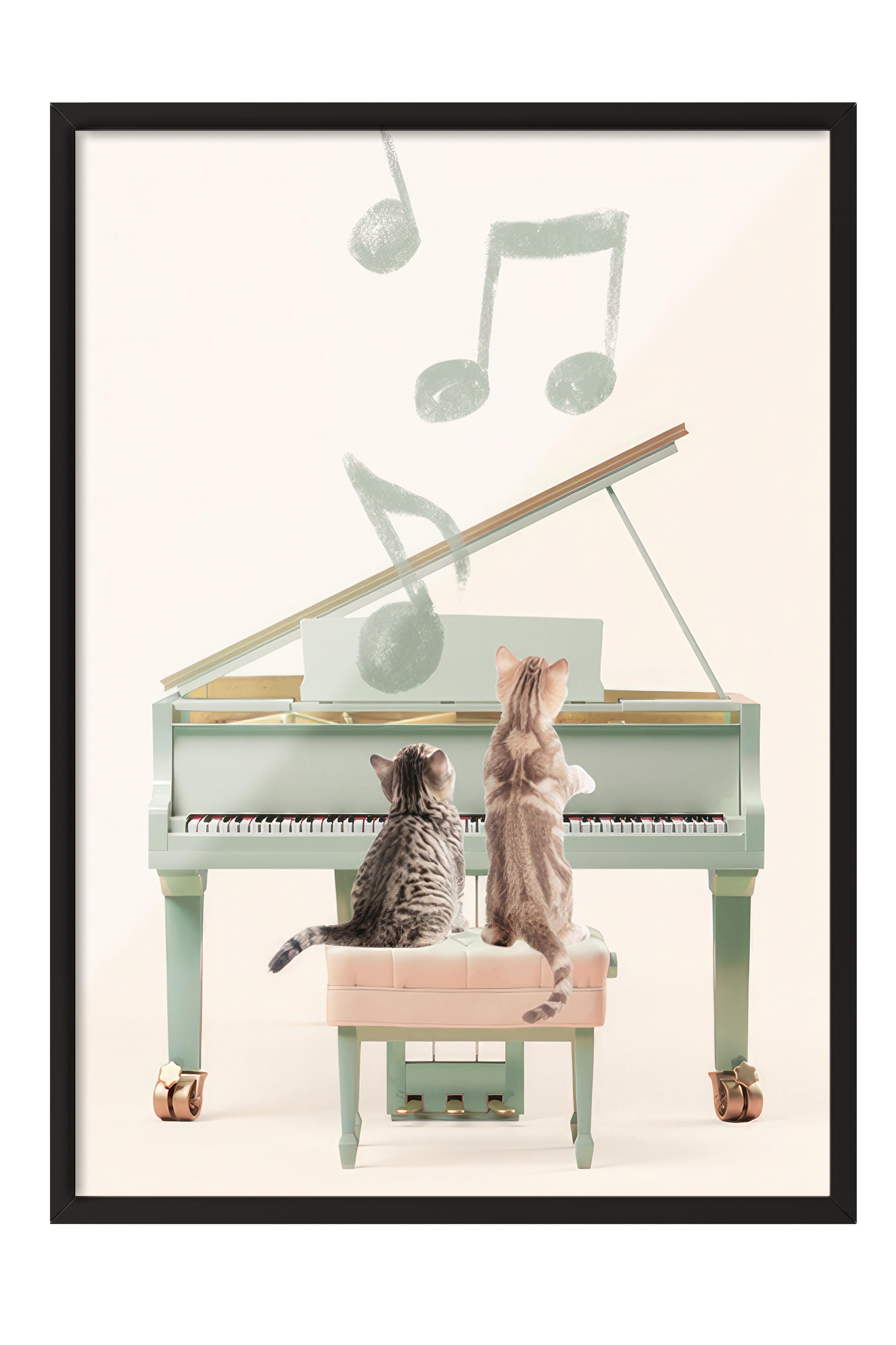 Cats Playing Piano Çerçeveli Tablo, Siyah Çerçeve ve Poster, Duvar Tablosu Comfort Serisi NO:108440