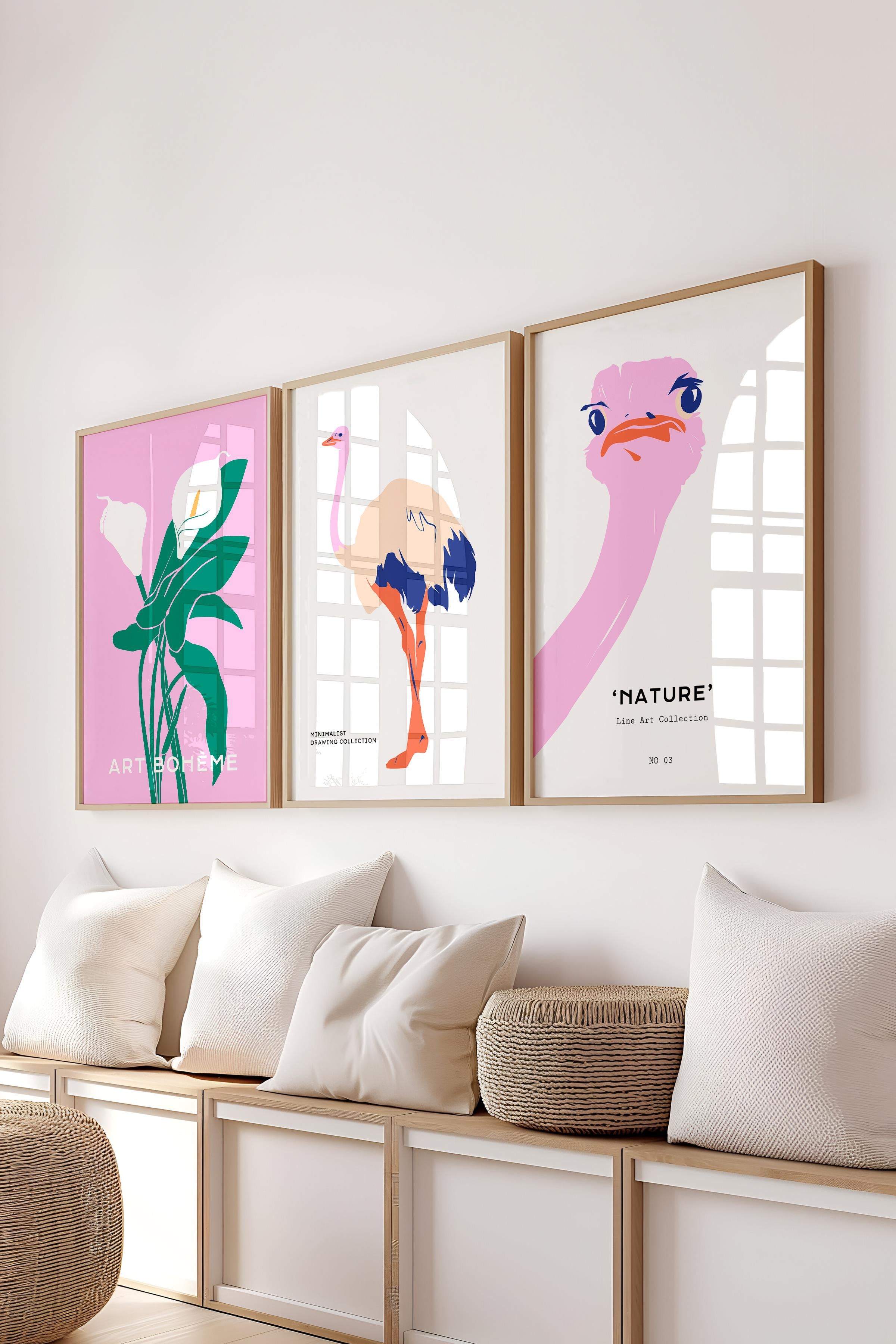 Çerçeveli Tablo Seti, 3 Adet Ahşap Çerçeve ve Minimalist Safari Temalı Poster Seti, No:300495