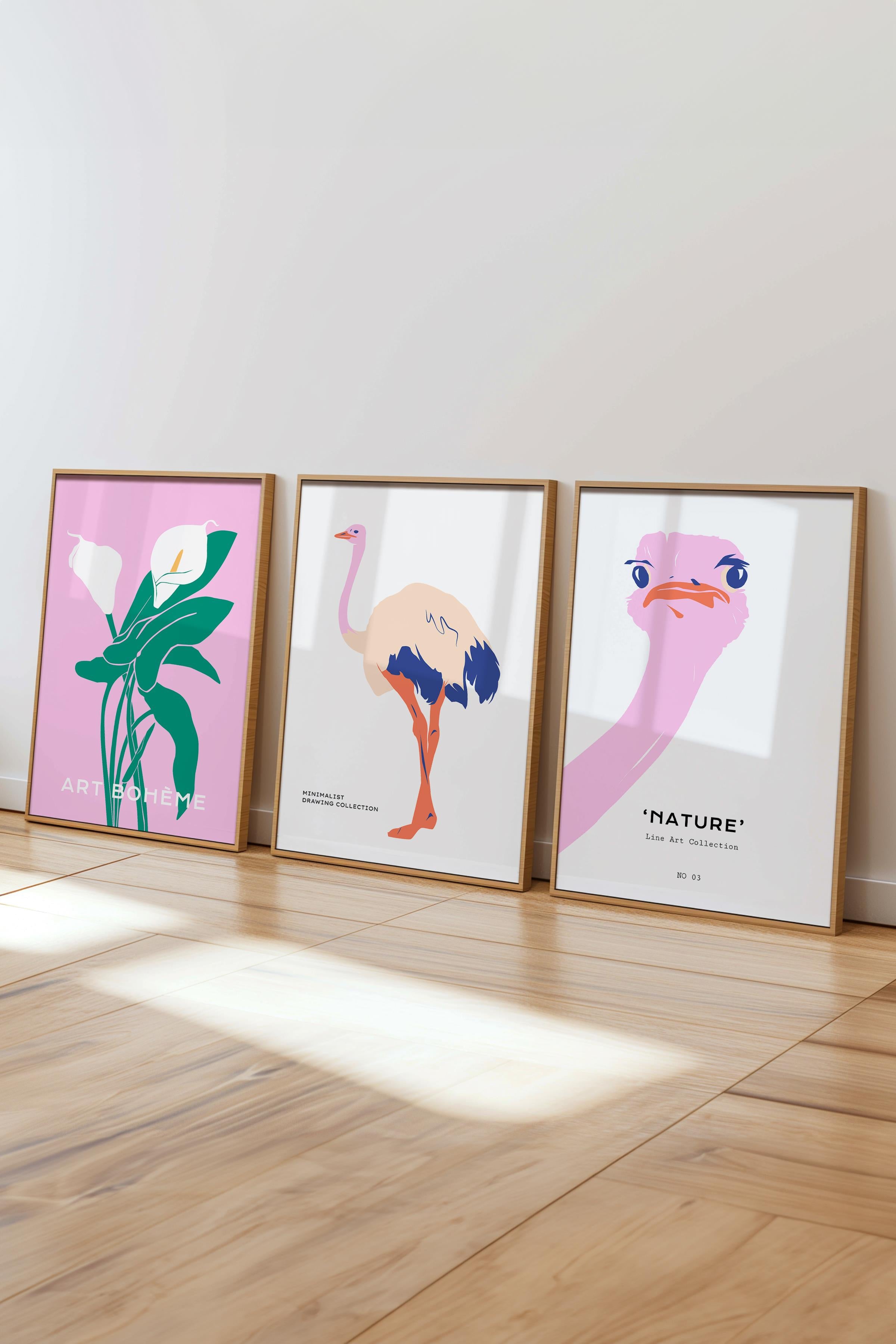 Çerçeveli Tablo Seti, 3 Adet Ahşap Çerçeve ve Minimalist Safari Temalı Poster Seti, No:300495