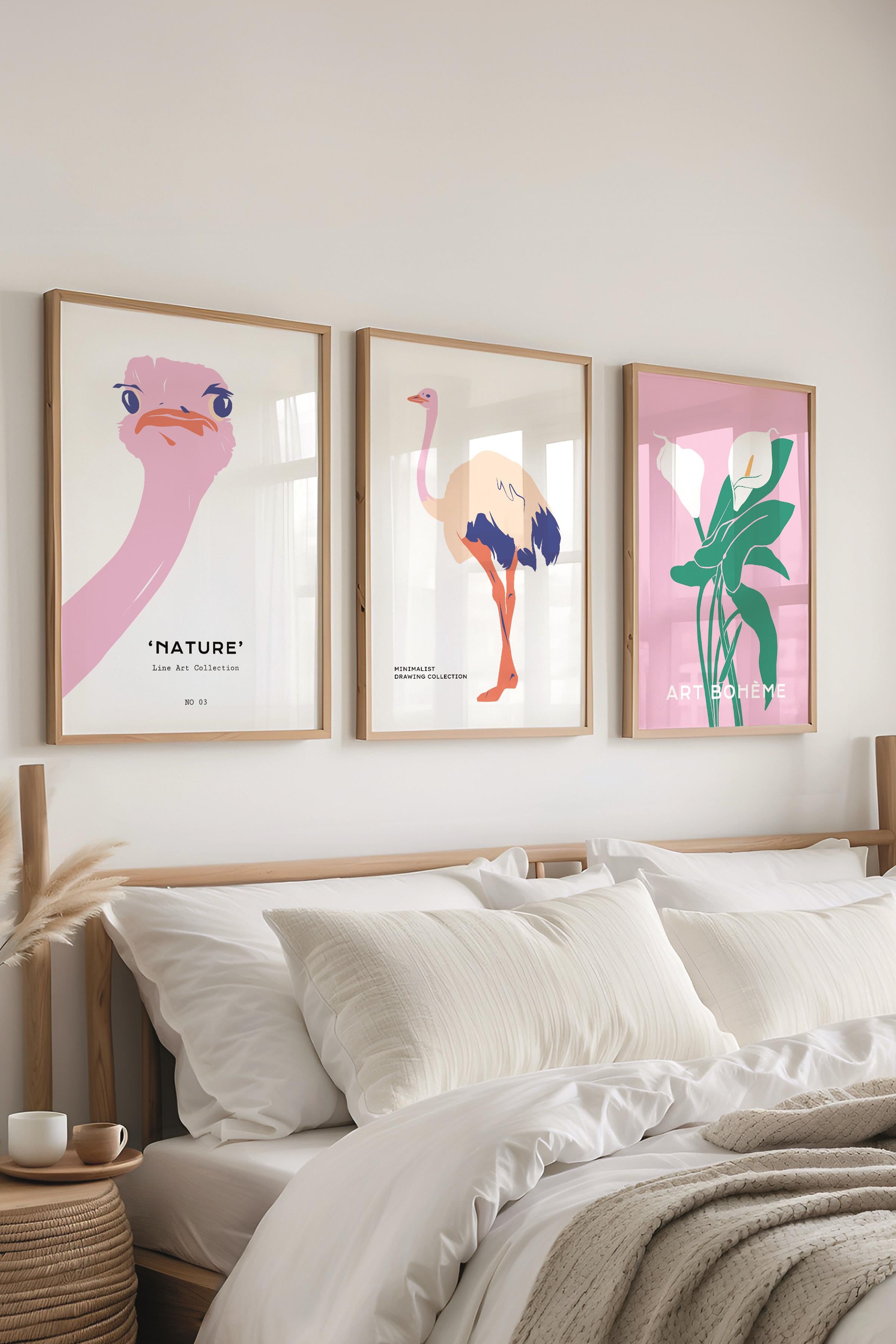 Çerçeveli Tablo Seti, 3 Adet Ahşap Çerçeve ve Minimalist Safari Temalı Poster Seti, No:300495