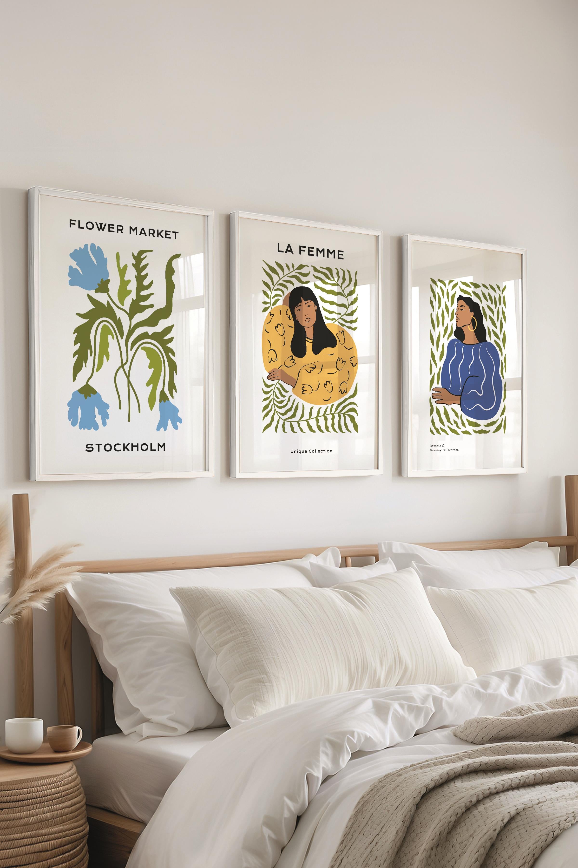 Çerçeveli Tablo Seti, 3 Adet Beyaz Çerçeve ve Minimalist Boho Temalı Poster Seti, No:300508