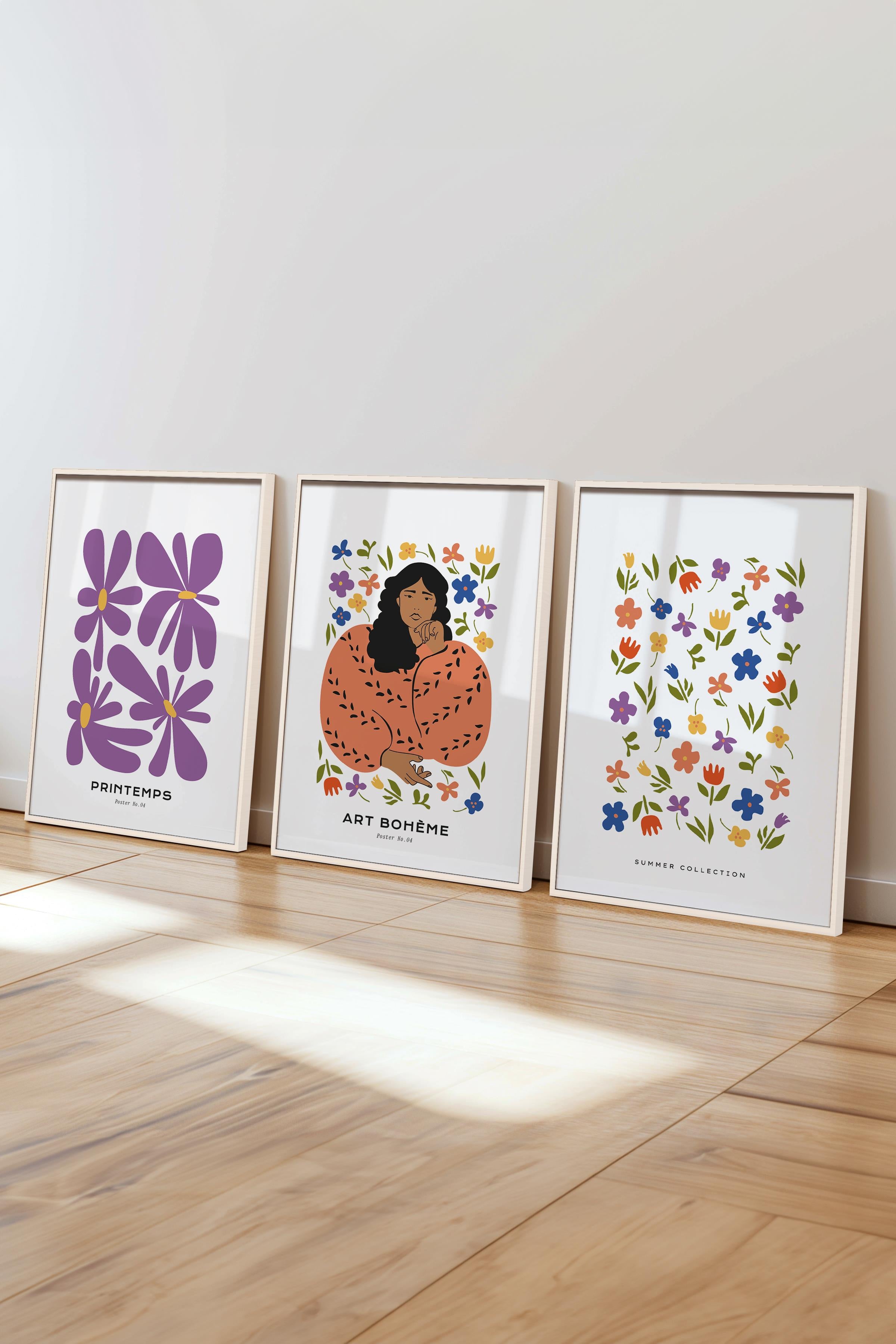 Çerçeveli Tablo Seti, 3 Adet Beyaz Çerçeve ve Minimalist Boho Temalı Poster Seti, No:300510