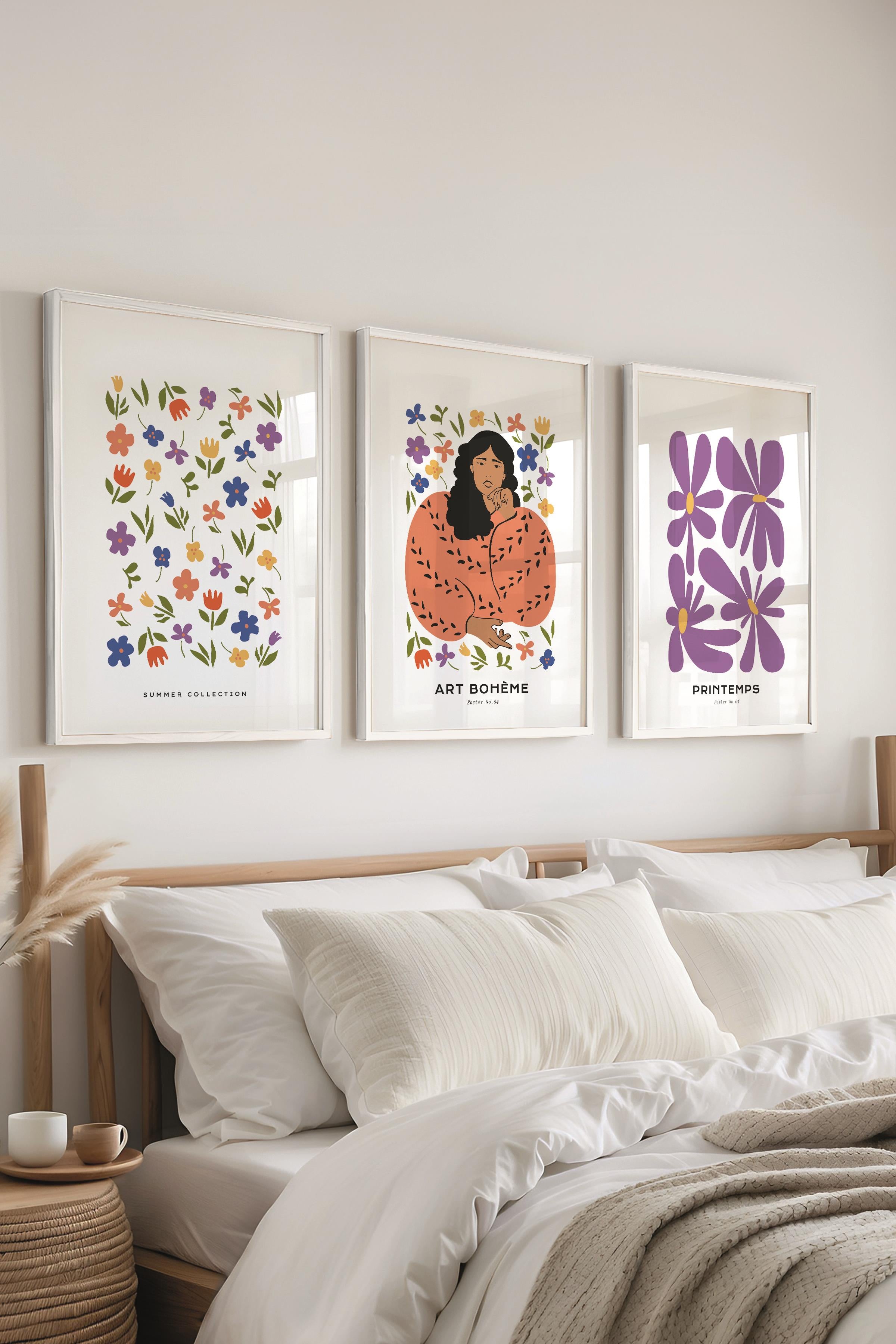 Çerçeveli Tablo Seti, 3 Adet Beyaz Çerçeve ve Minimalist Boho Temalı Poster Seti, No:300510