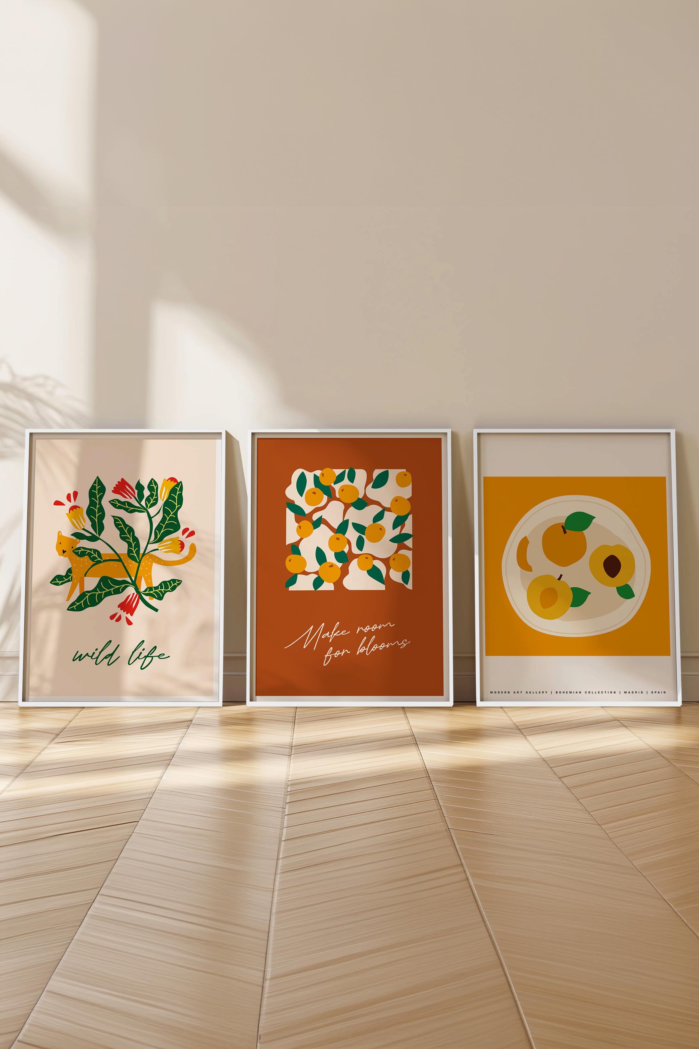 Çerçeveli Tablo Seti, 3 Adet Beyaz Çerçeve ve Minimalist Boho Temalı Poster Seti, No:300514