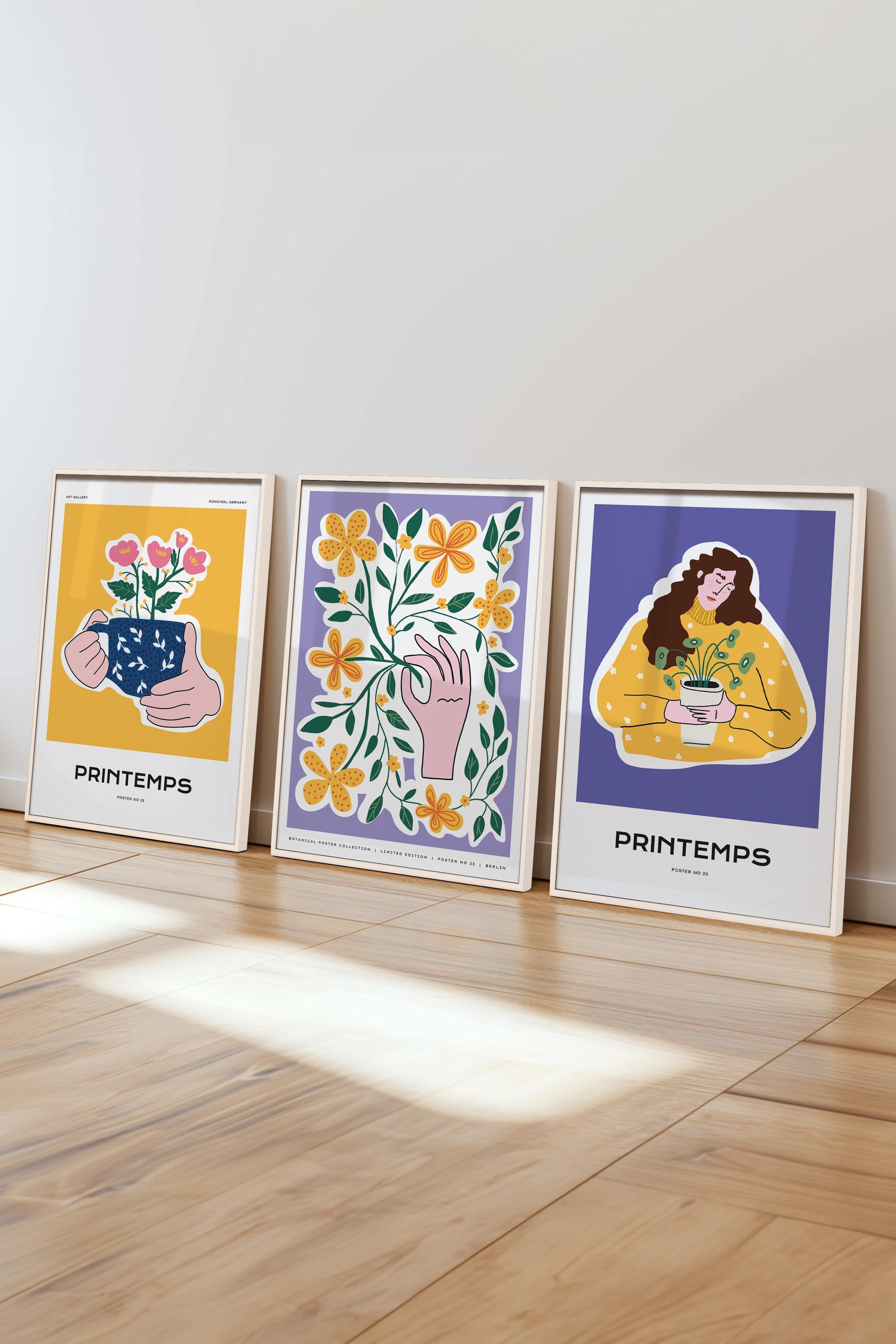 Çerçeveli Tablo Seti, 3 Adet Beyaz Çerçeve ve Minimalist Boho Temalı Poster Seti, No:300516