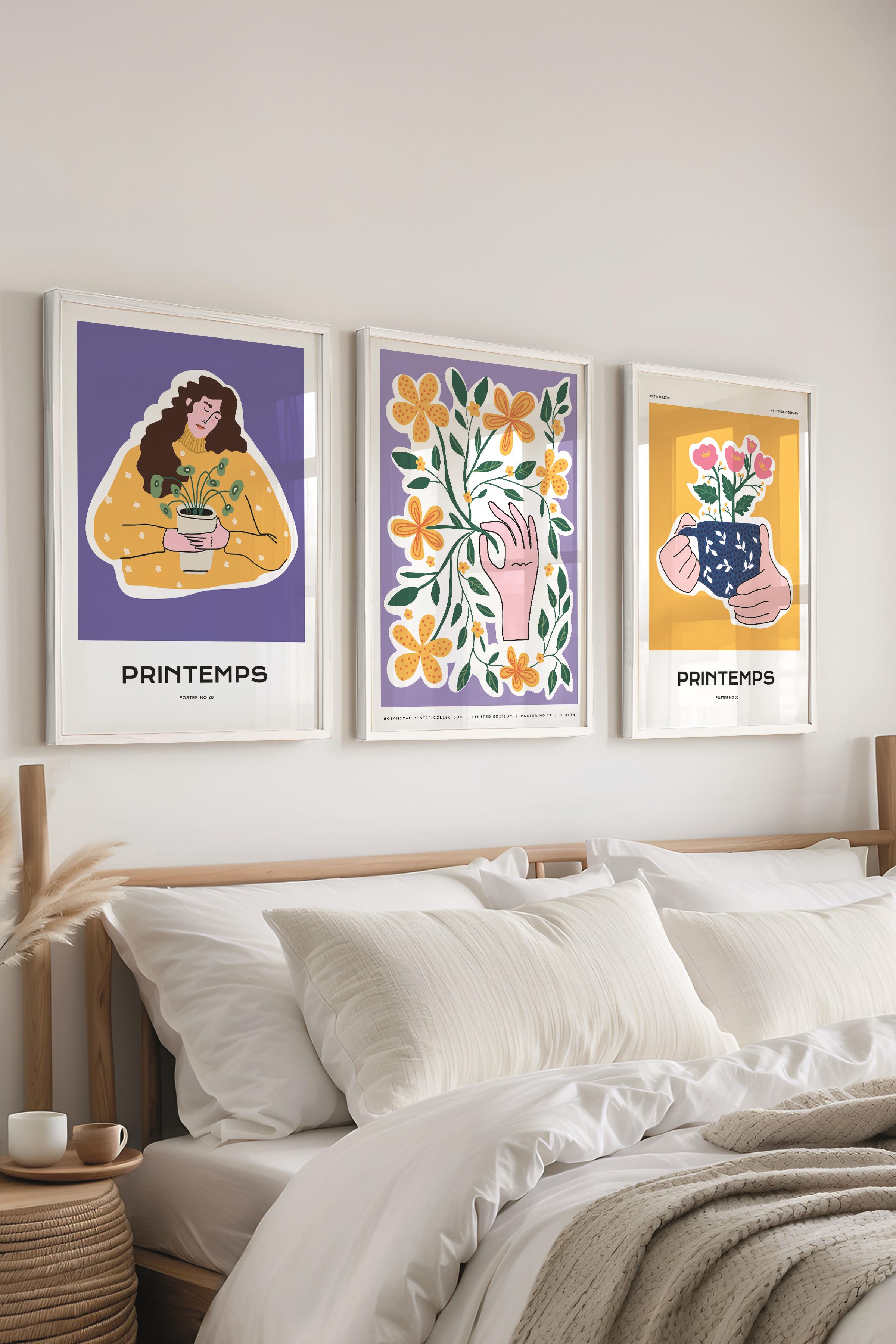 Çerçeveli Tablo Seti, 3 Adet Beyaz Çerçeve ve Minimalist Boho Temalı Poster Seti, No:300516