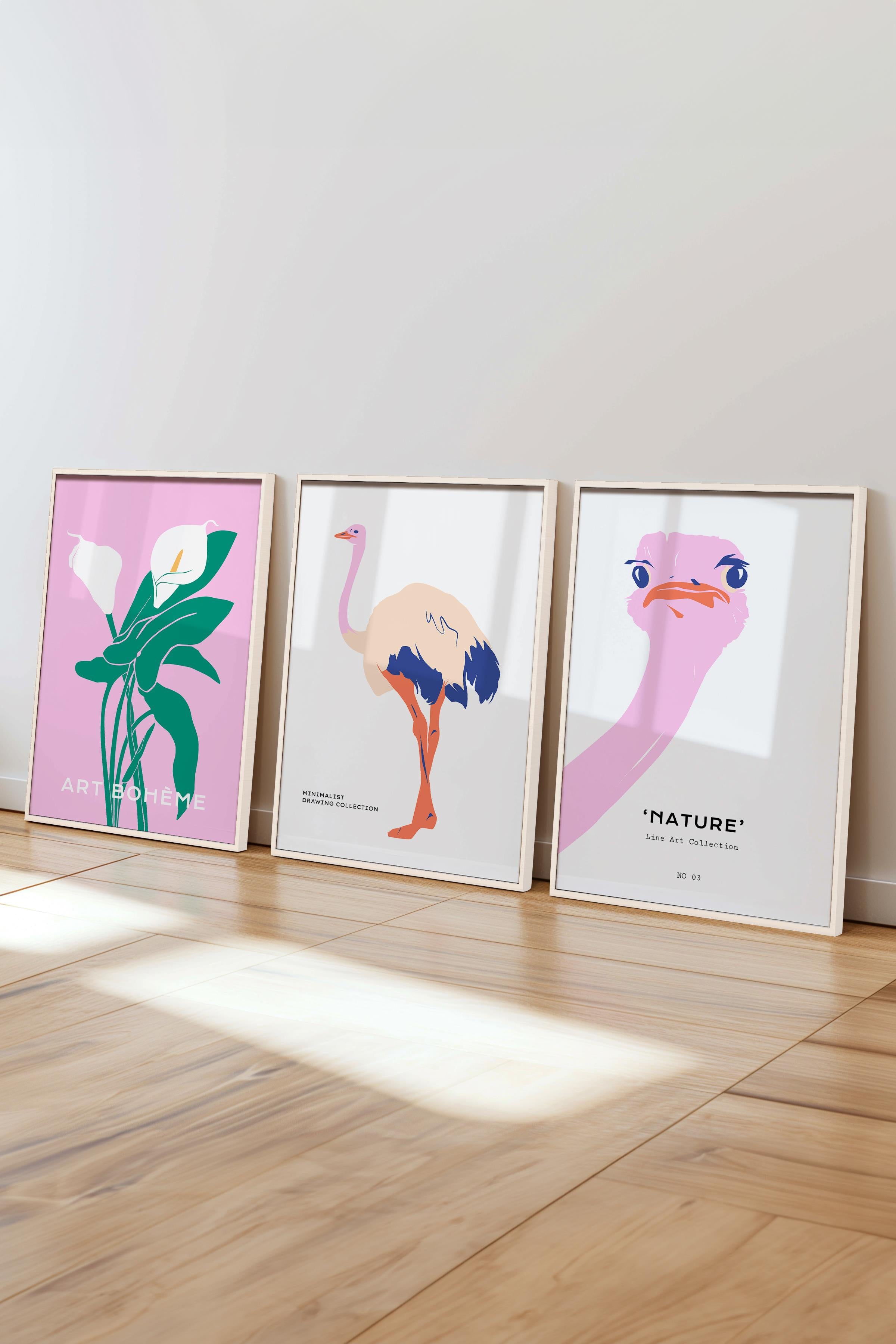 Çerçeveli Tablo Seti, 3 Adet Beyaz Çerçeve ve Minimalist Safari Temalı Poster Seti, No:300495