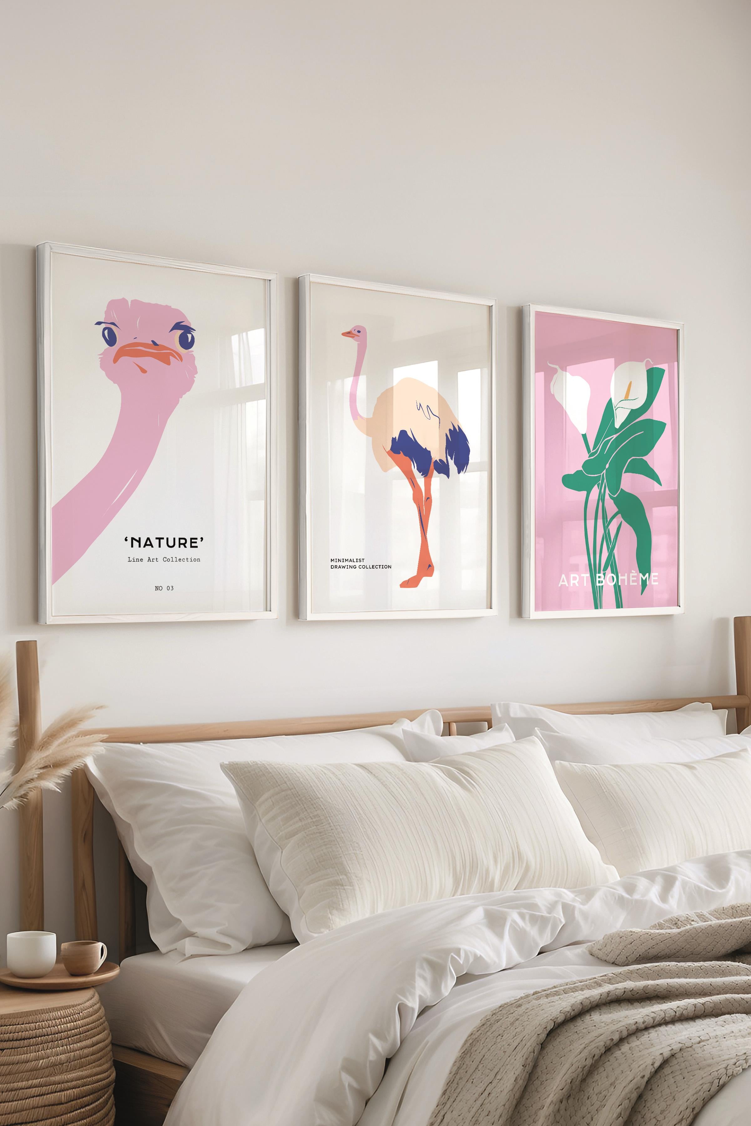 Çerçeveli Tablo Seti, 3 Adet Beyaz Çerçeve ve Minimalist Safari Temalı Poster Seti, No:300495