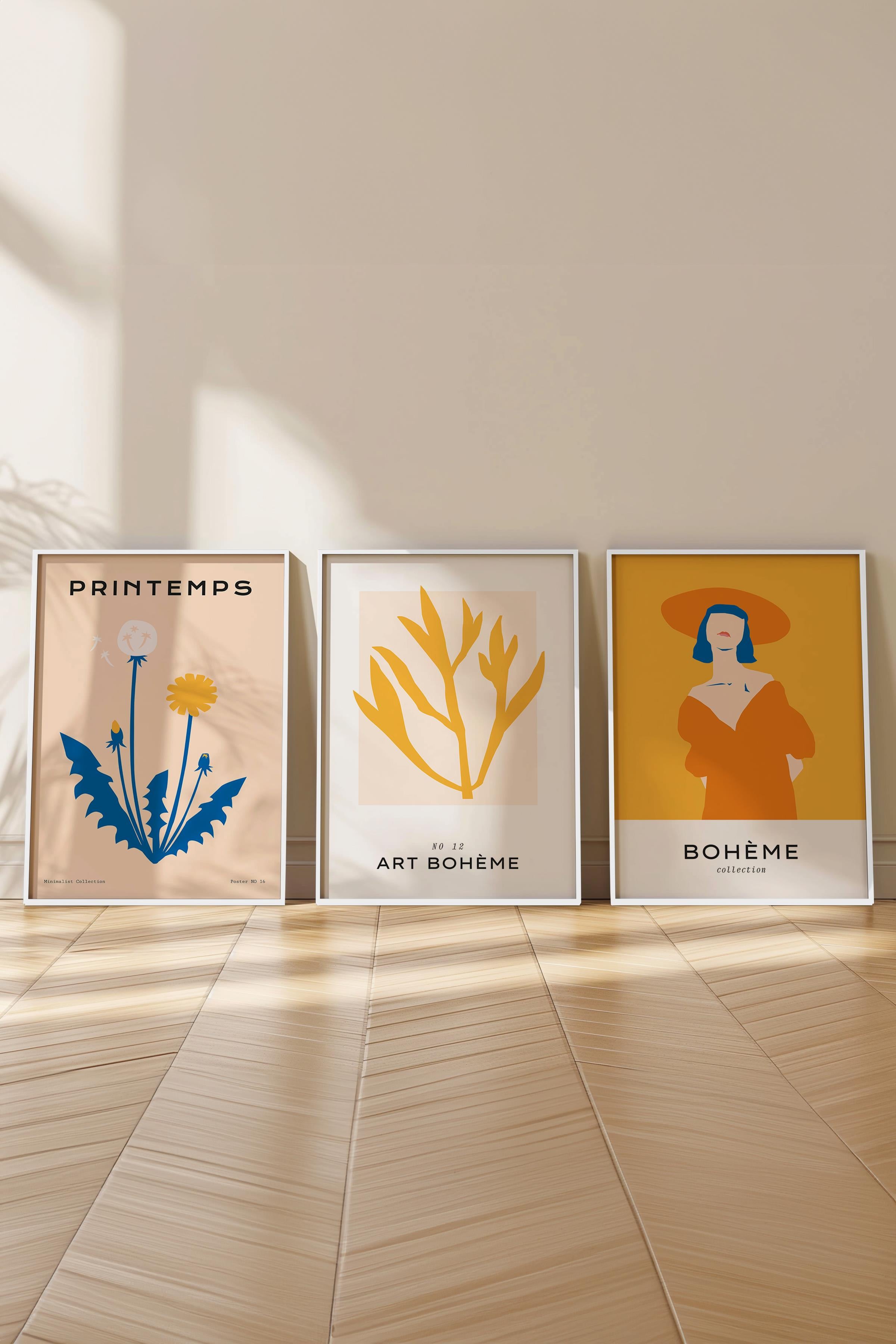 Çerçeveli Tablo Seti, 3 Adet Beyaz Çerçeve ve Pastel Boho Temalı Poster Seti, No:300465