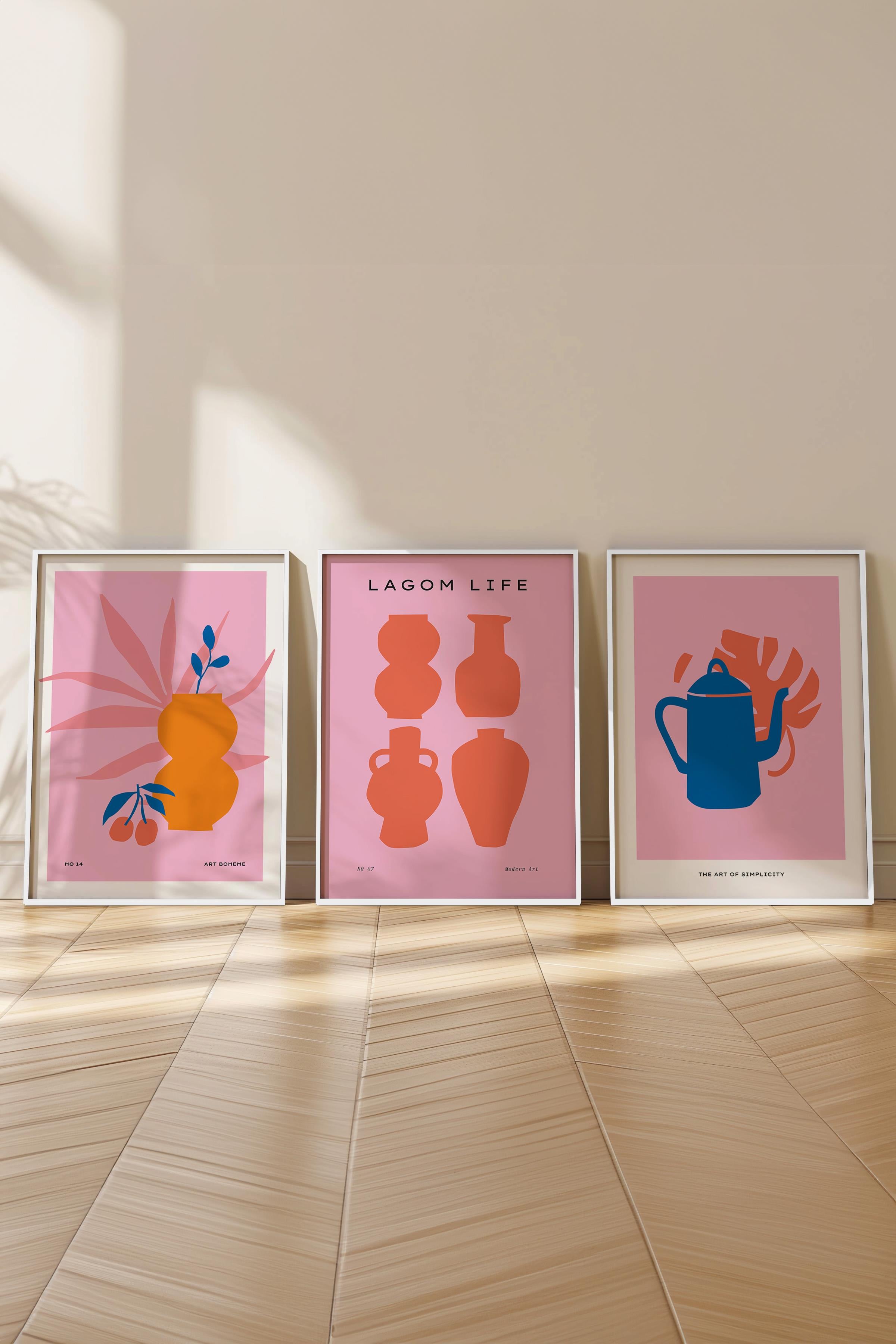 Çerçeveli Tablo Seti, 3 Adet Beyaz Çerçeve ve Pembe Minimalist Temalı Poster Seti, No:300454