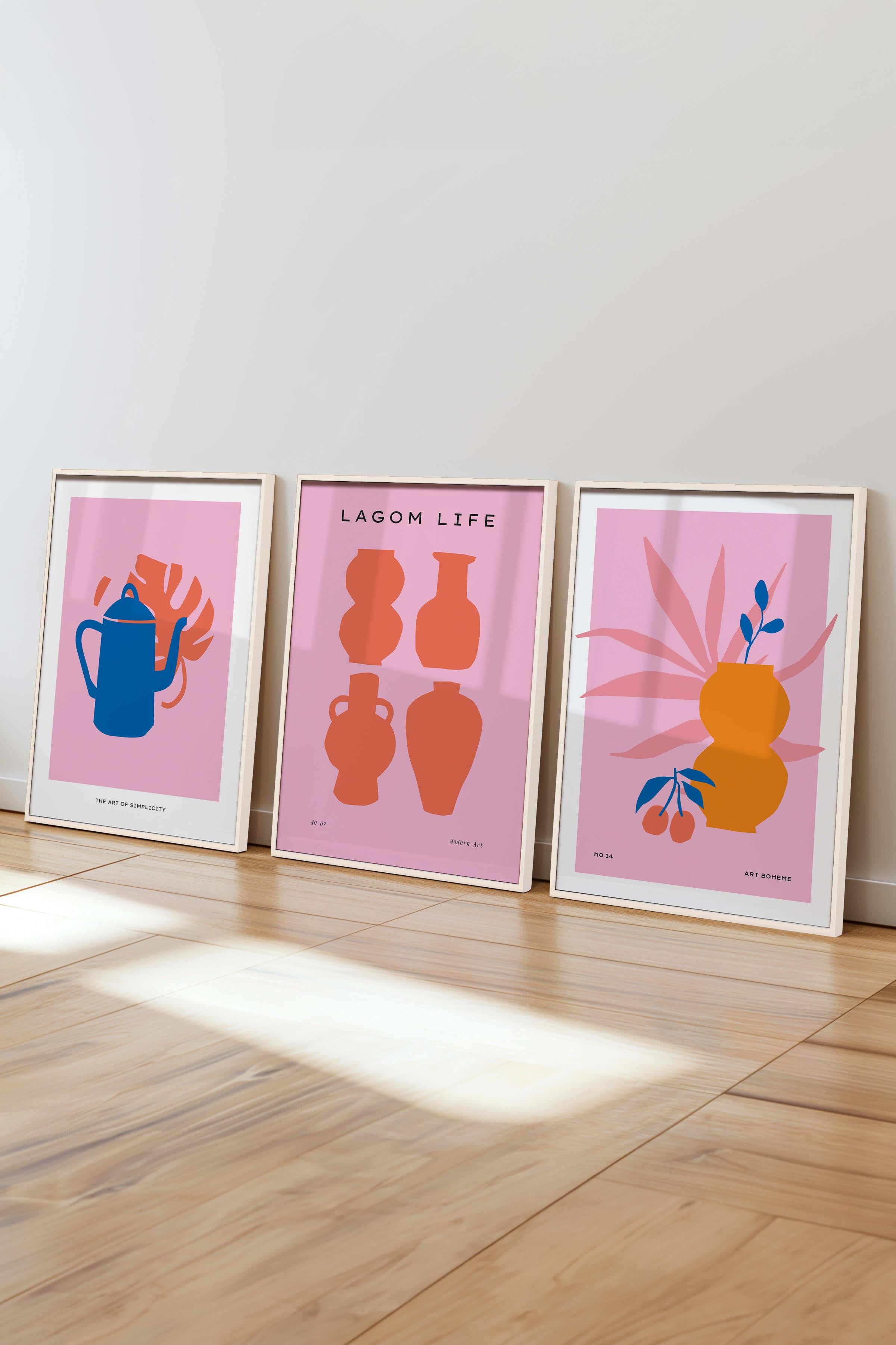 Çerçeveli Tablo Seti, 3 Adet Beyaz Çerçeve ve Pembe Minimalist Temalı Poster Seti, No:300454