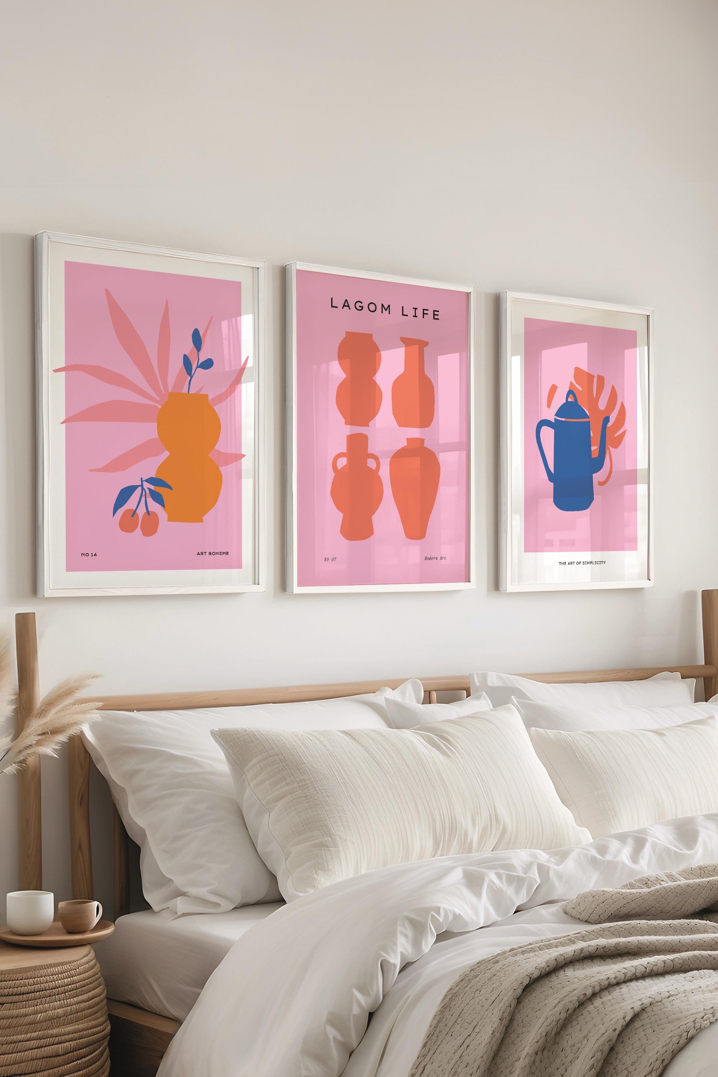 Çerçeveli Tablo Seti, 3 Adet Beyaz Çerçeve ve Pembe Minimalist Temalı Poster Seti, No:300454