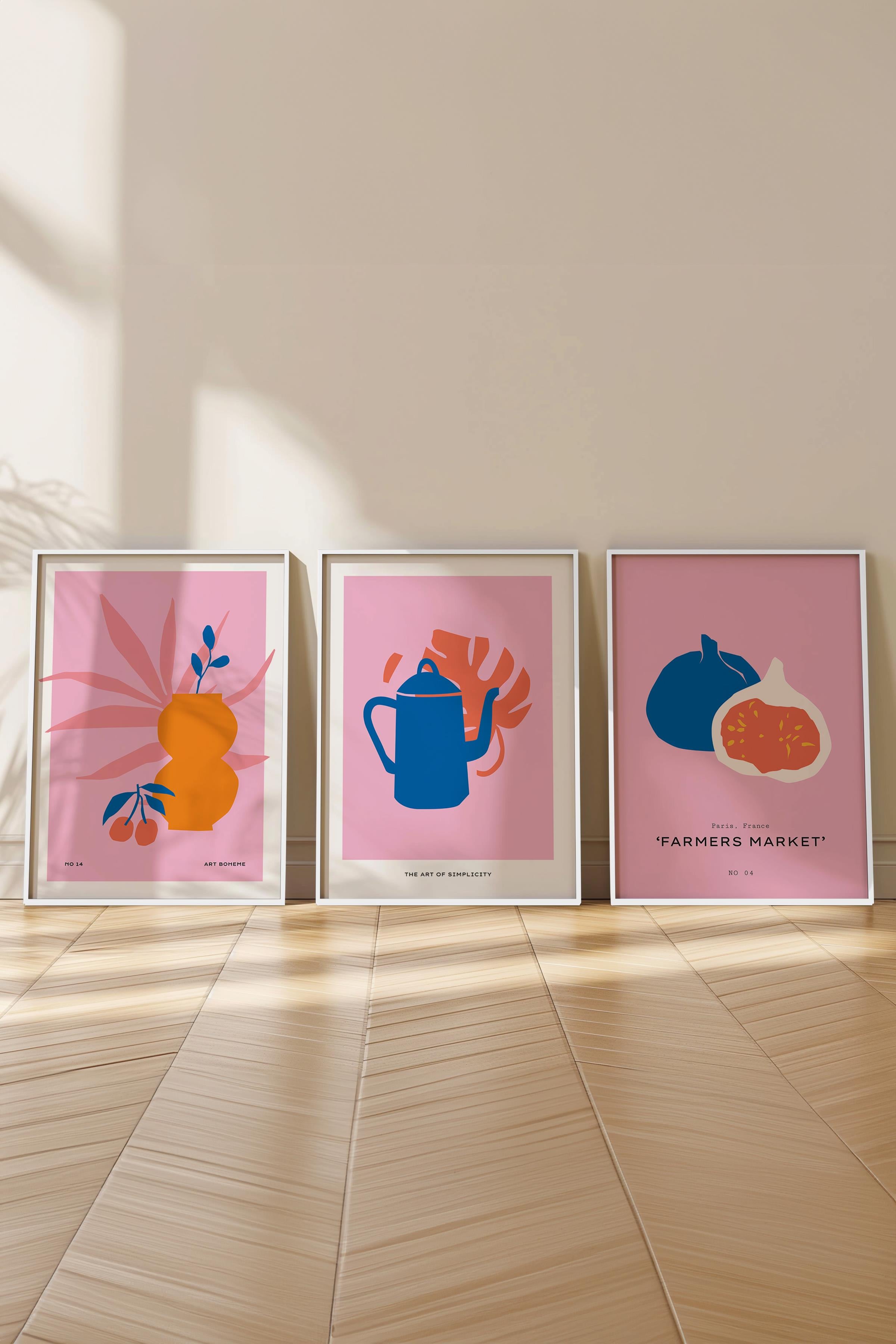 Çerçeveli Tablo Seti, 3 Adet Beyaz Çerçeve ve Pembe Minimalist Temalı Poster Seti, No:300461